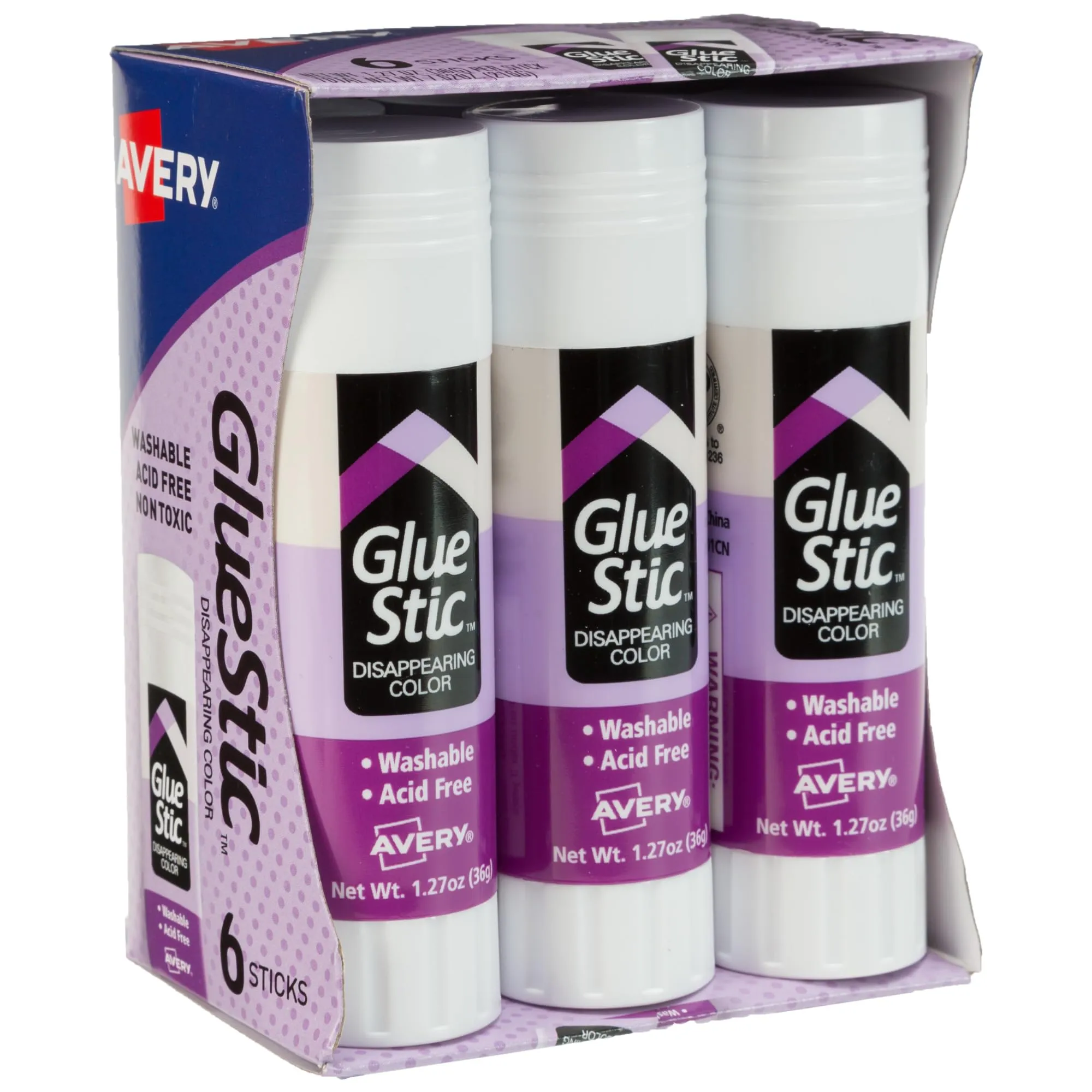 Avery Glue Stic, Disappearing Purple, Washable, Non-Toxic, 1.27oz, 6 Pack