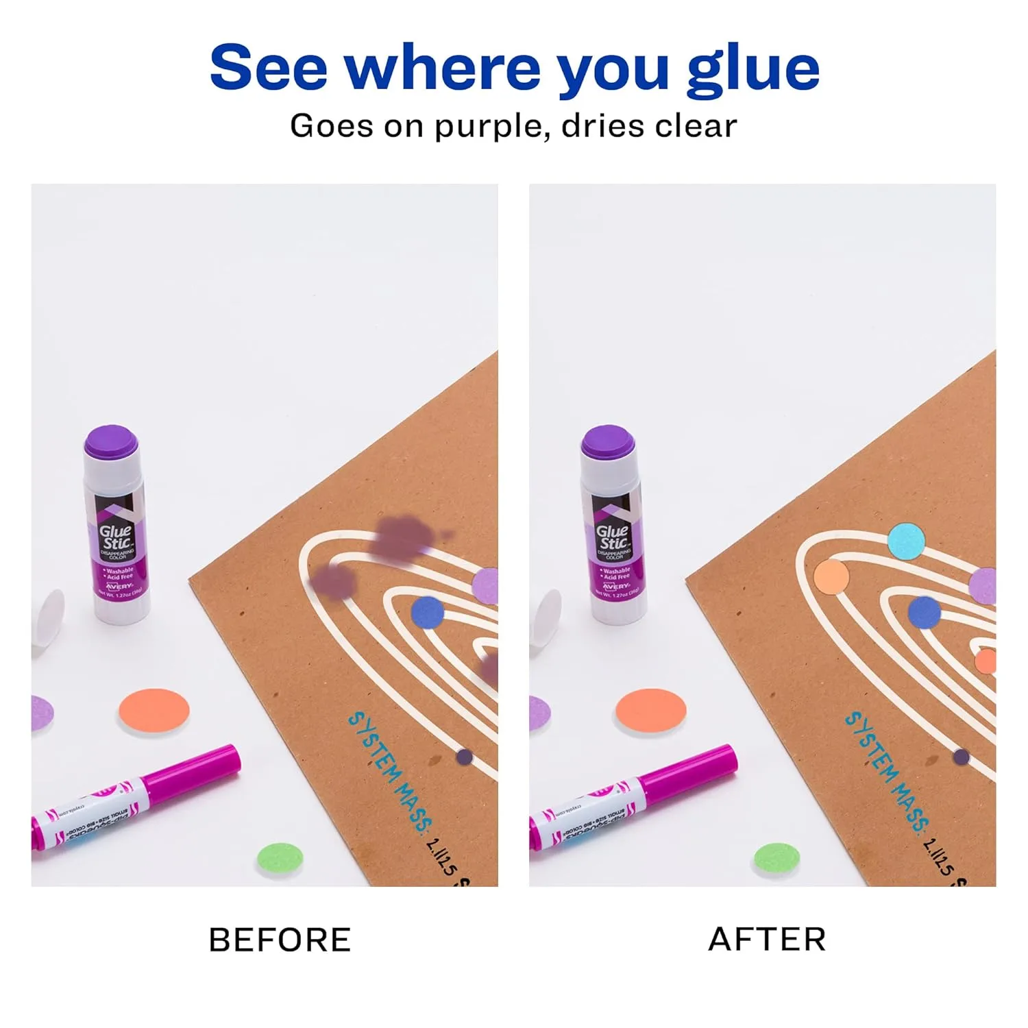 Avery Glue Stic, Disappearing Purple, Washable, Non-Toxic, 1.27oz, 6 Pack
