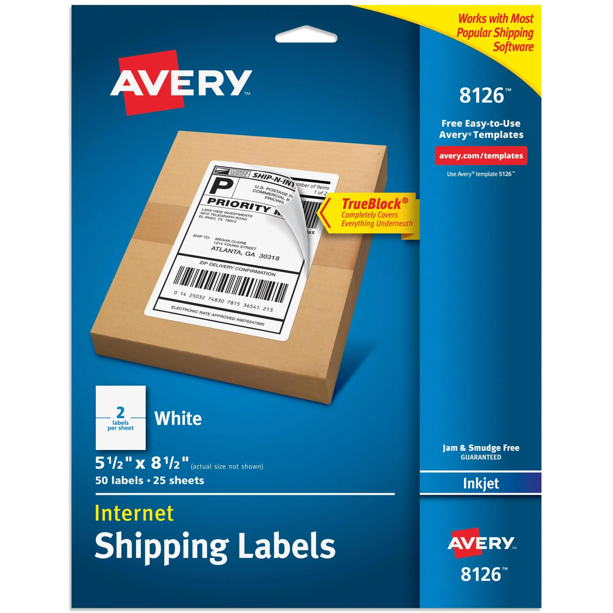 Avery Half-Sheet Printable Shipping Labels, 5.5 x 8.5 in, 50 Labels (8126)