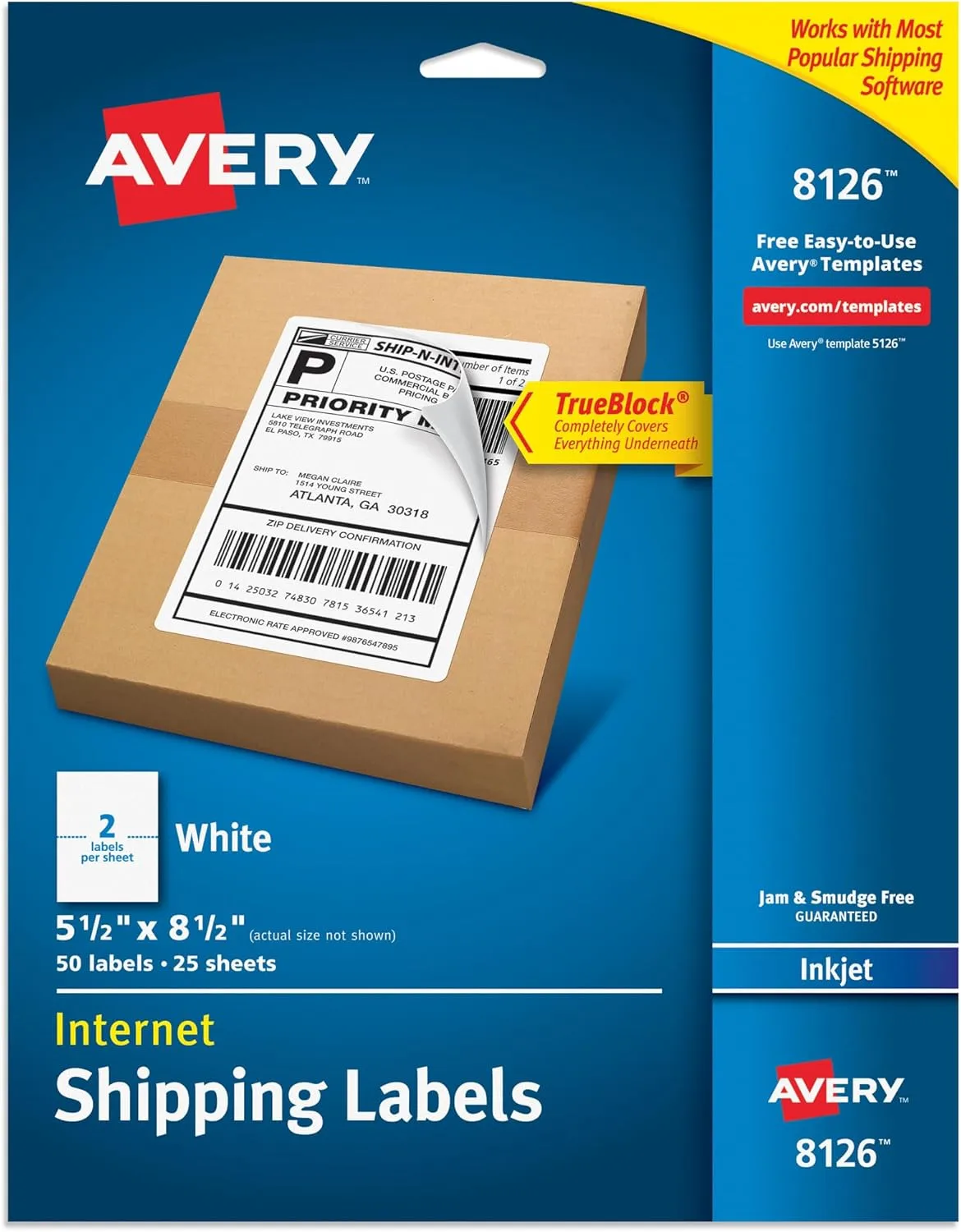Avery Half-Sheet Printable Shipping Labels, 5.5 x 8.5 in, 50 Labels (8126)
