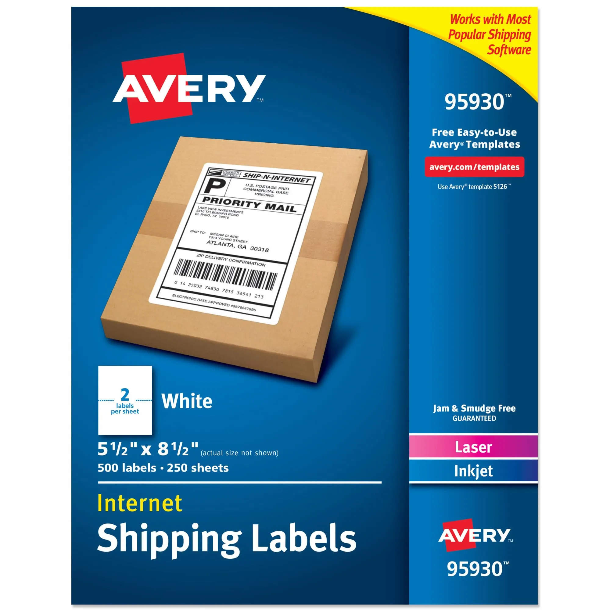 Avery Half Sheet Printable Shipping Labels, 5.5 x 8.5 in, White, 500 (95930)