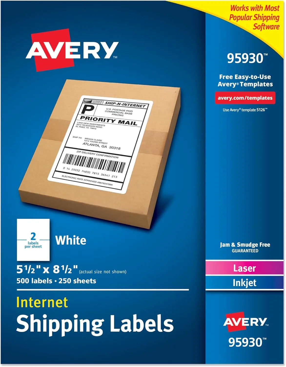 Avery Half Sheet Printable Shipping Labels, 5.5 x 8.5 in, White, 500 (95930)