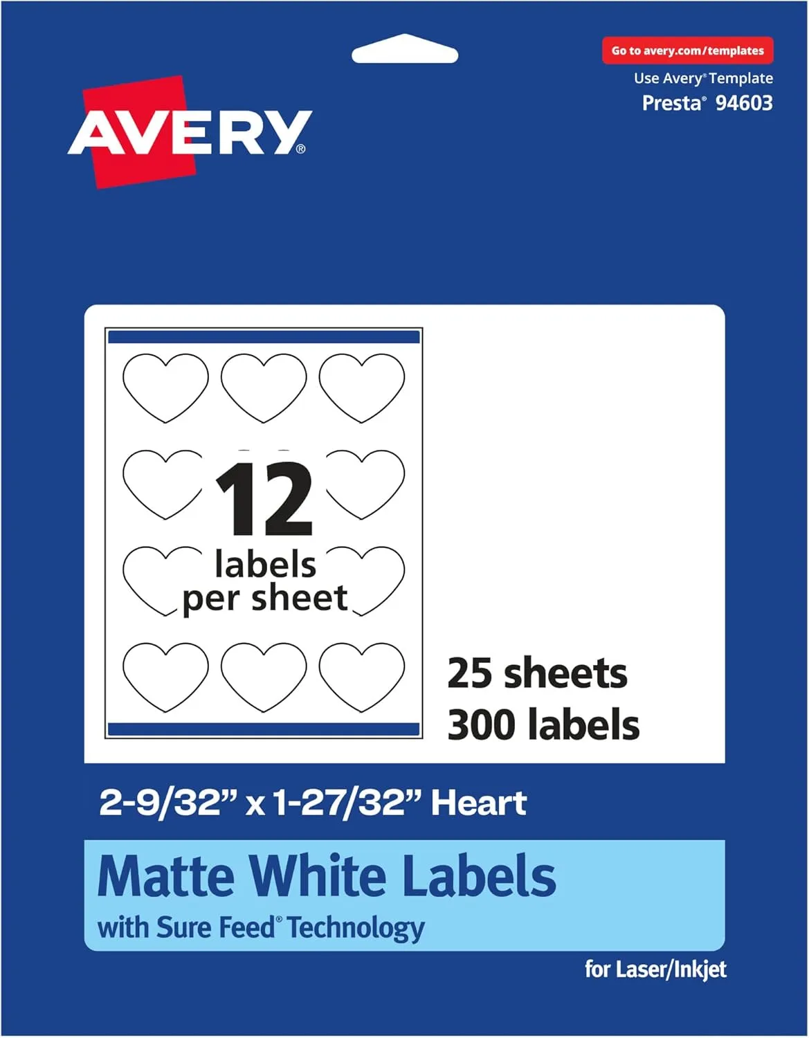 AVERY Matte White Heart Labels, Sure Feed Technology, 2-9/32" x 1-27/32"