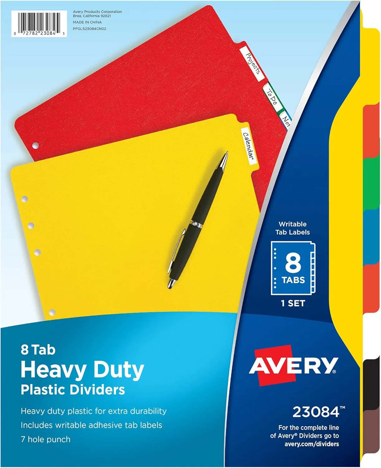 Avery Heavy-Duty Plastic Dividers for 3 Ring Binders and 7 Ring Binders, 8-Tab Set, Multicolor with White Labels, 1 Set (23084)