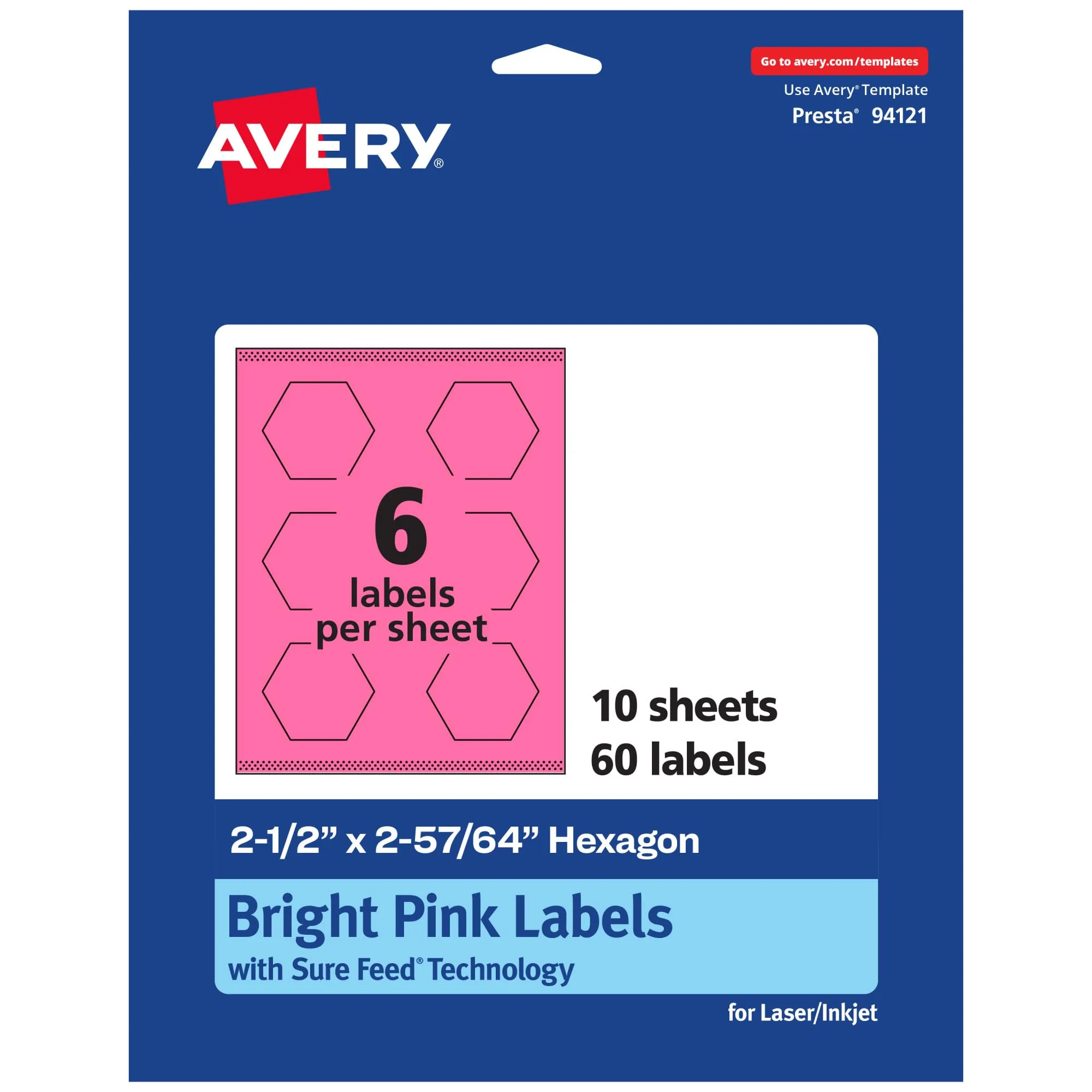 Avery Printable Hexagon Labels, Sure Feed Technology, 2-1/2" x 2-57/64", Bright Pink Labels, Print-to-The-Edge