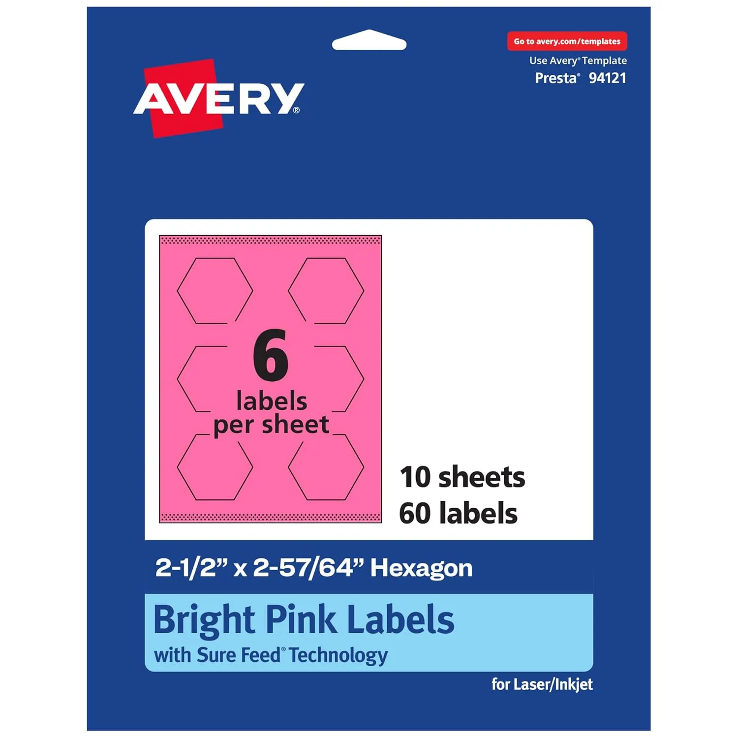 Avery Printable Hexagon Labels, Sure Feed Technology, 2-1/2" x 2-57/64", Bright Pink Labels, Print-to-The-Edge