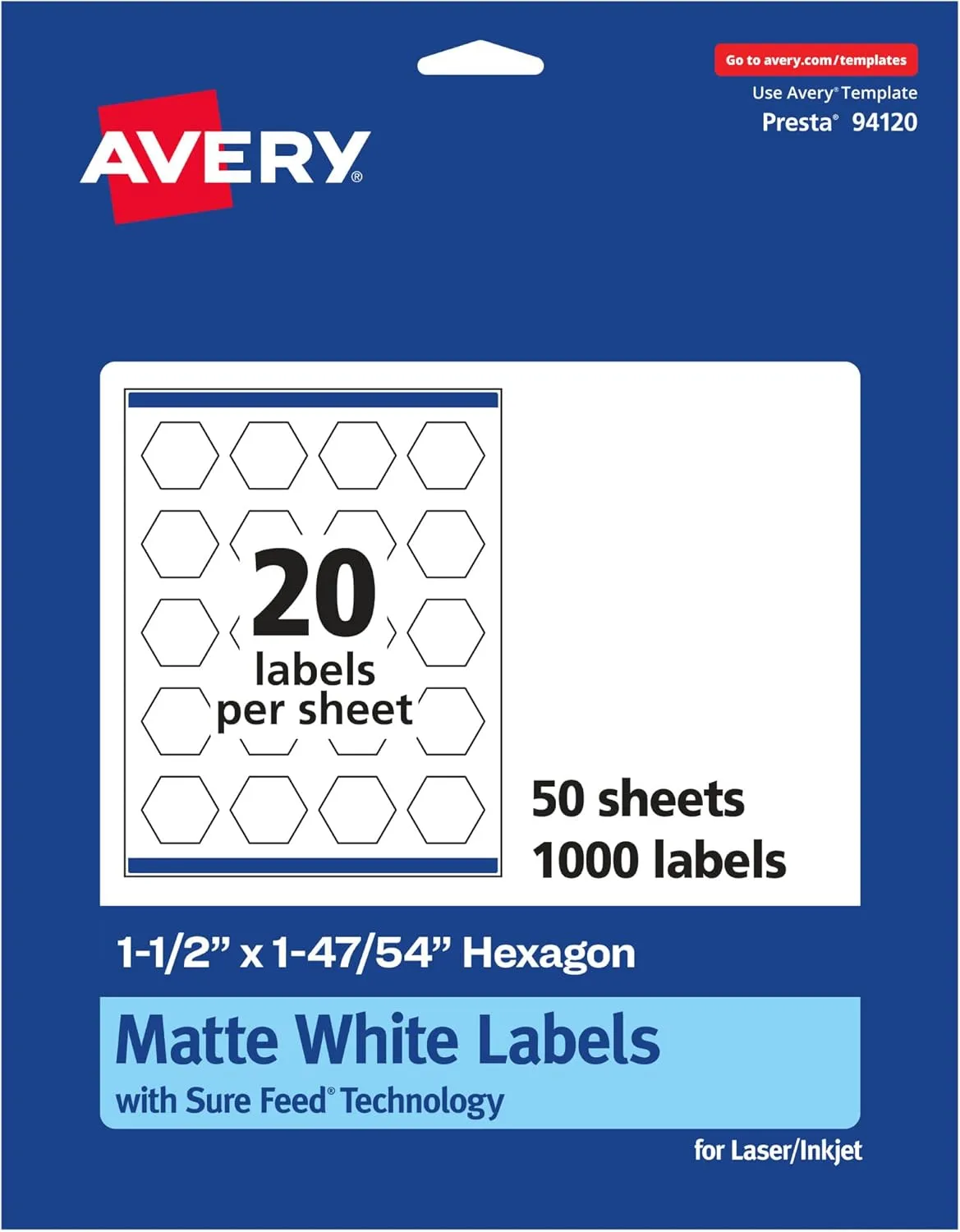 AVERY Matte White Hexagon Labels, Sure Feed Technology, 1.5" x 1-47/54", Print-to-The-Edge, Permanent Adhesive