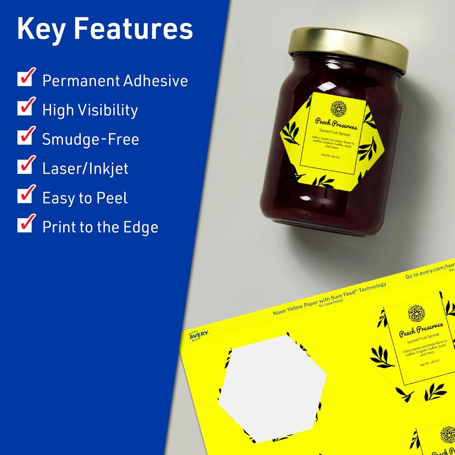 Avery Printable Hexagon Labels, Sure Feed Technology, 2-1/2" x 2-57/64", Neon Yellow, Print-to-The-Edge, Laser/Inkjet