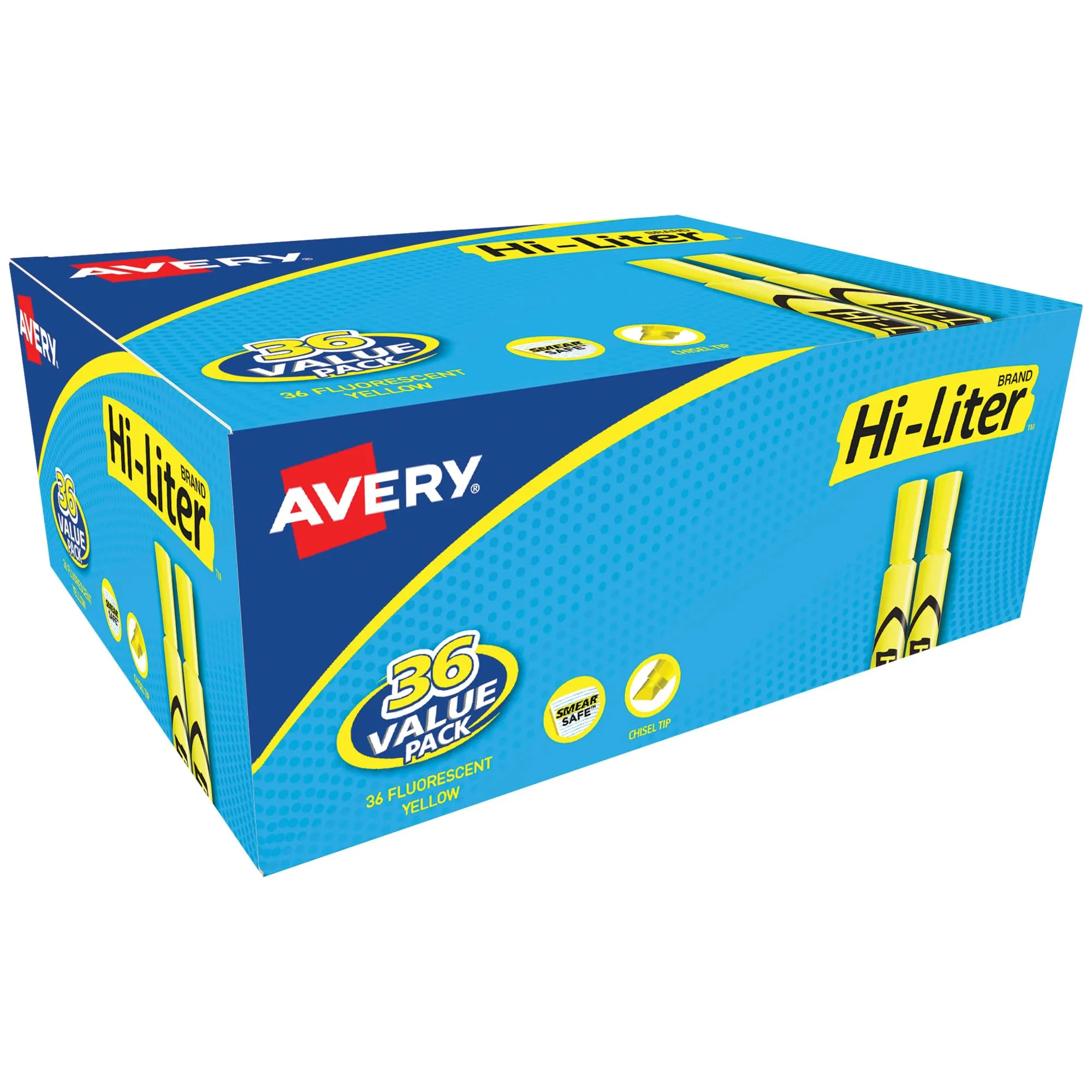 Avery Hi-Liter Desk-Style Highlighters, Smear Safe Ink, Chisel Tip, Value Pack 36 Fluorescent Yellow Highlighters (98208) 36 highlighters