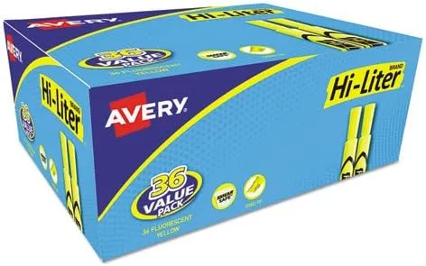 Avery Hi-Liter Desk-Style Highlighters, Smear Safe Ink, Chisel Tip, Value Pack 36 Fluorescent Yellow Highlighters (98208) 36 highlighters