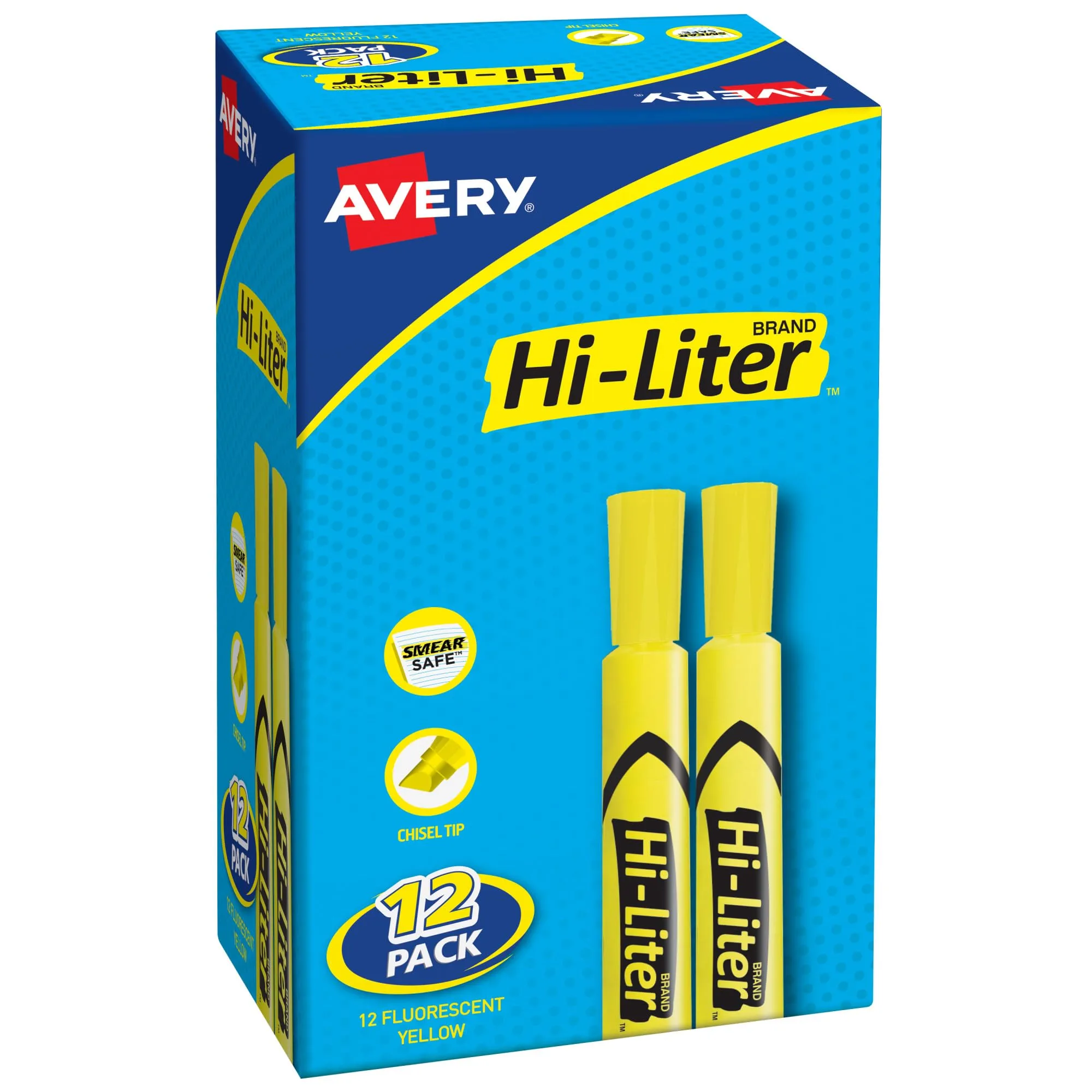 Avery Hi-Liter Desk-Style Highlighters, Smear Safe Ink, Chisel Tip, 12 Yellow Highlighters (98035) 1 Count (Pack of 1)