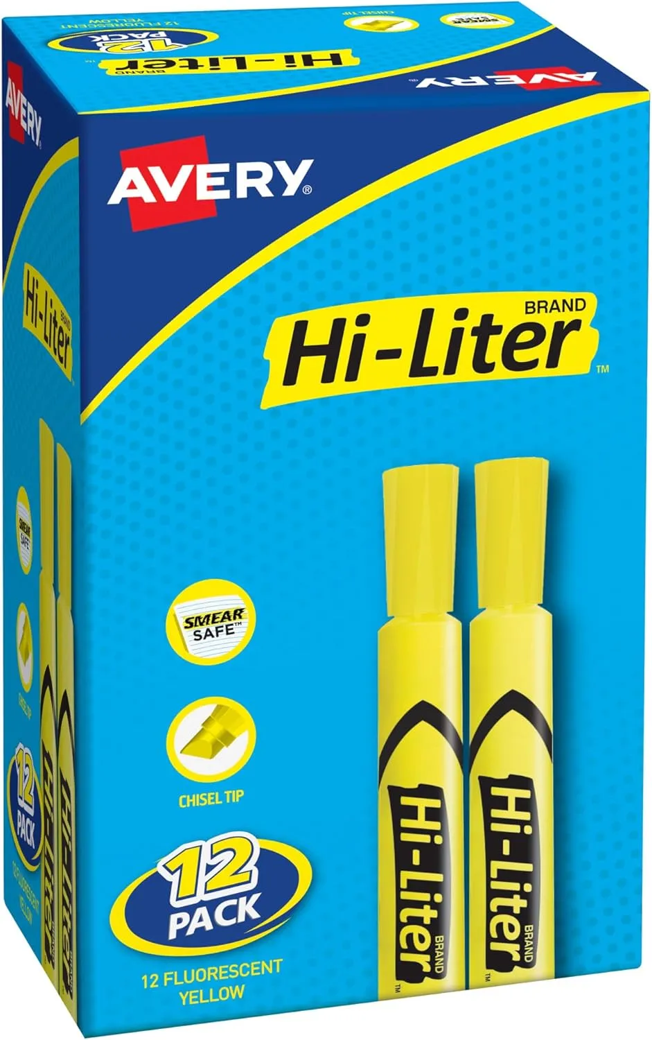 Avery Hi-Liter Desk-Style Highlighters, Smear Safe Ink, Chisel Tip, 12 Yellow Highlighters (98035) 1 Count (Pack of 1)