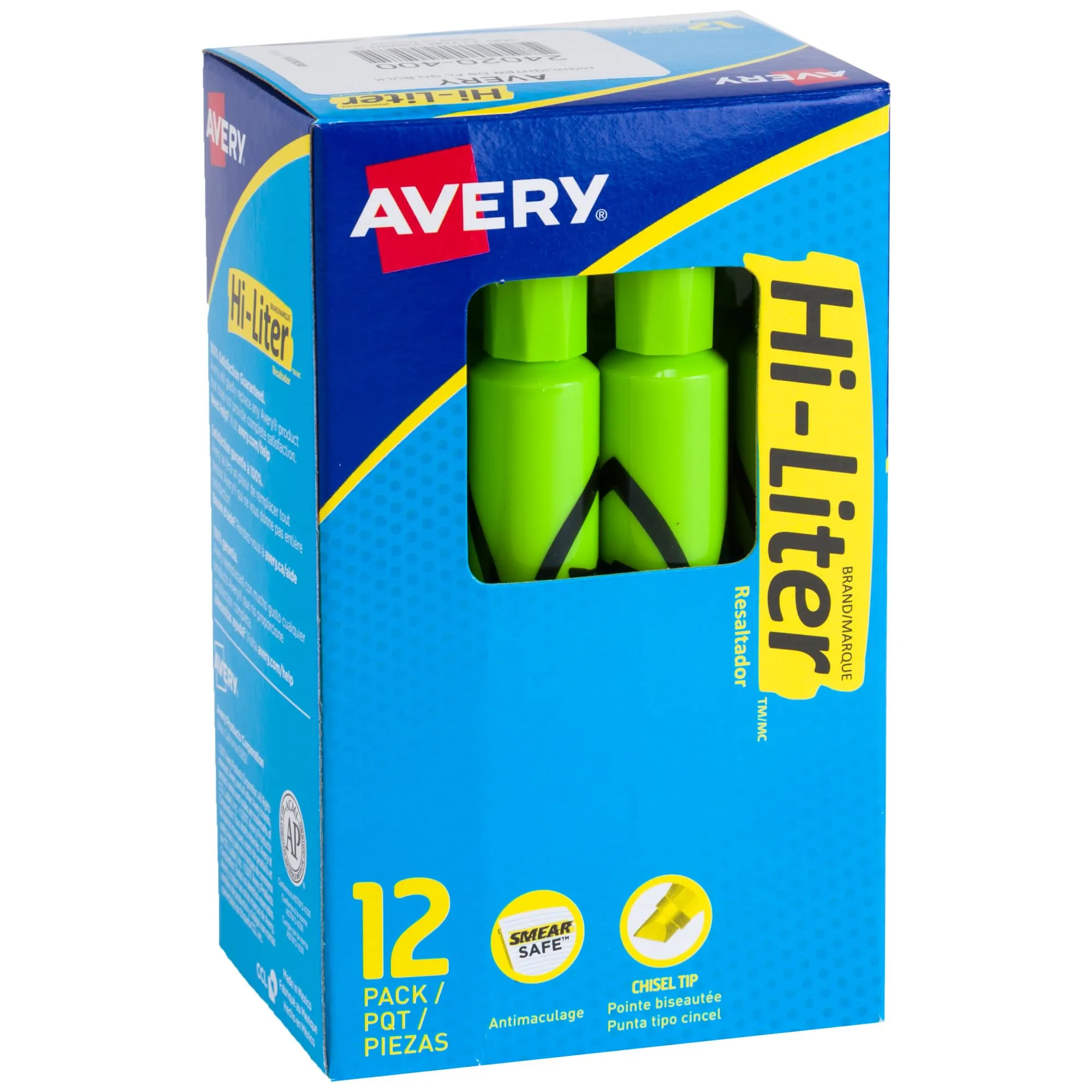 Avery Hi-Liter Desk-Style Highlighters, Smear Safe Ink, Chisel Tip, 12 Fluorescent Green (24020)