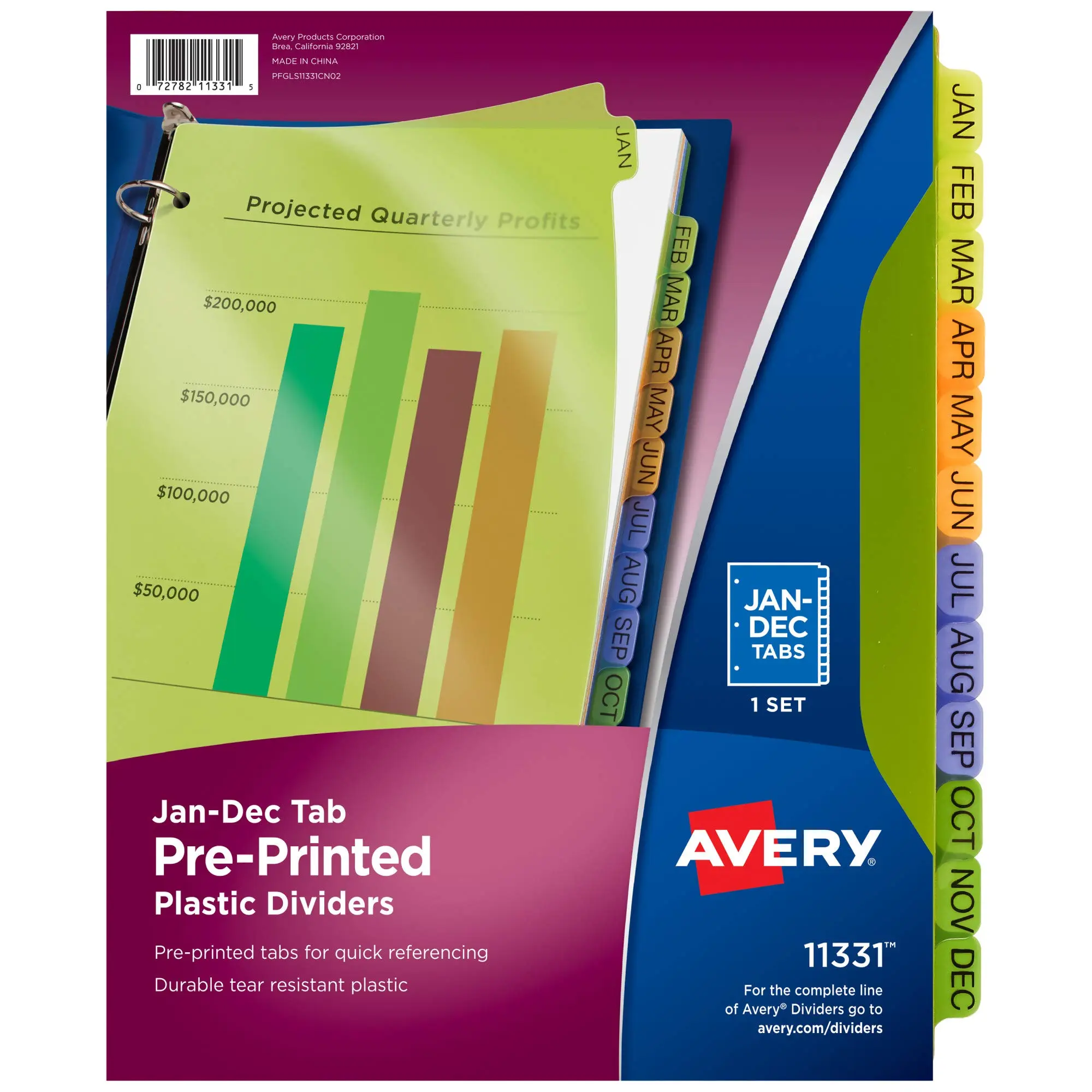 Avery Pre-Printed Jan-Dec Plastic Dividers for 3 Ring Binders, 12-Tab Set, Multicolor