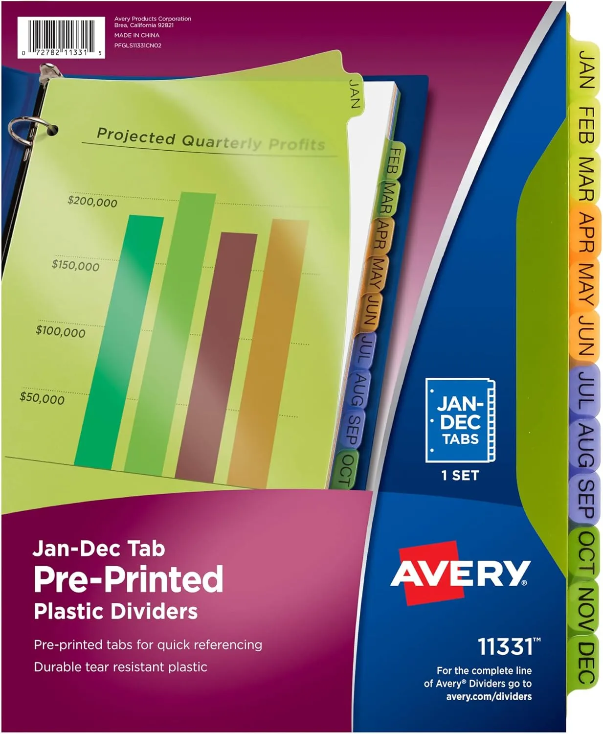 Avery Pre-Printed Jan-Dec Plastic Dividers for 3 Ring Binders, 12-Tab Set, Multicolor