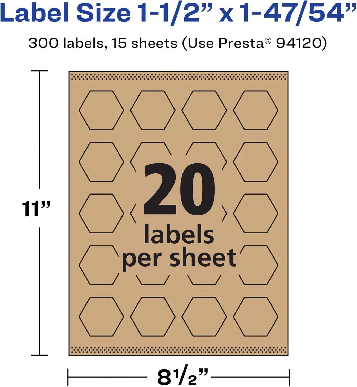 Avery Kraft Brown Hexagon Labels, Sure Feed Technology, 1-1/2" x 1-47/54", 300 Kraft Brown Labels, Print-to-The-Edge