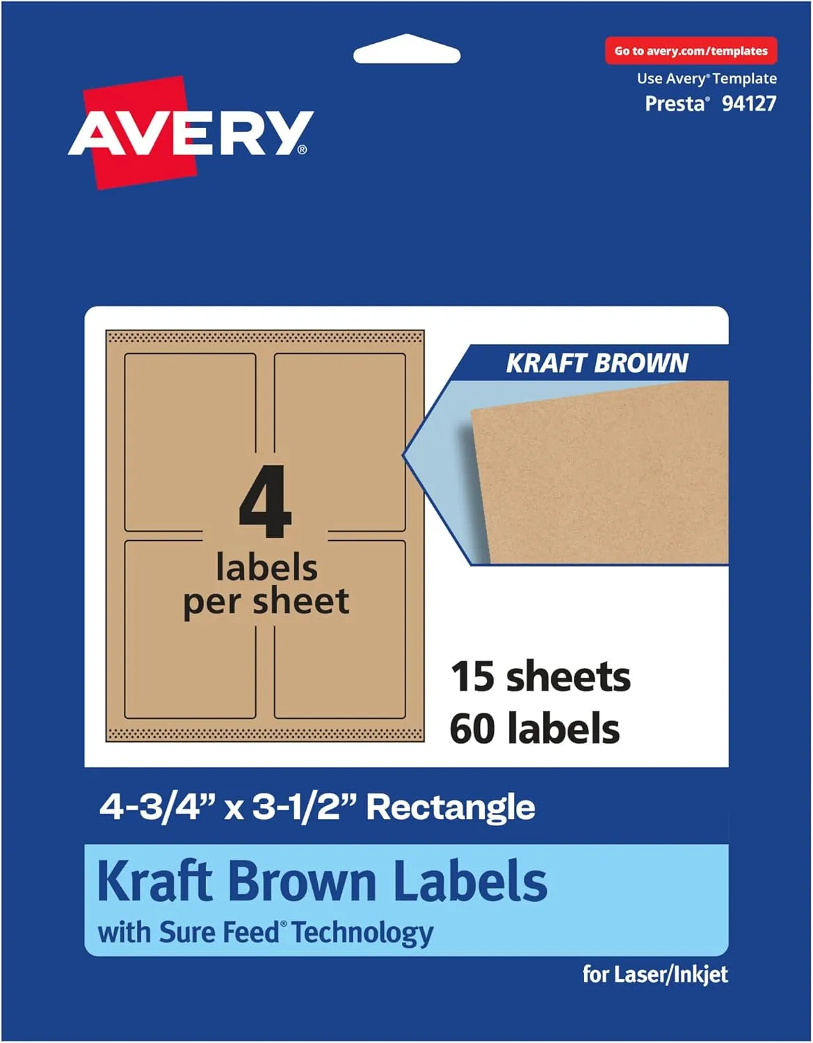 Avery Kraft Brown Rectangle Labels, Sure Feed Technology, 4.75" x 3.5", 60 Kraft Brown Labels, Print-to-The-Edge