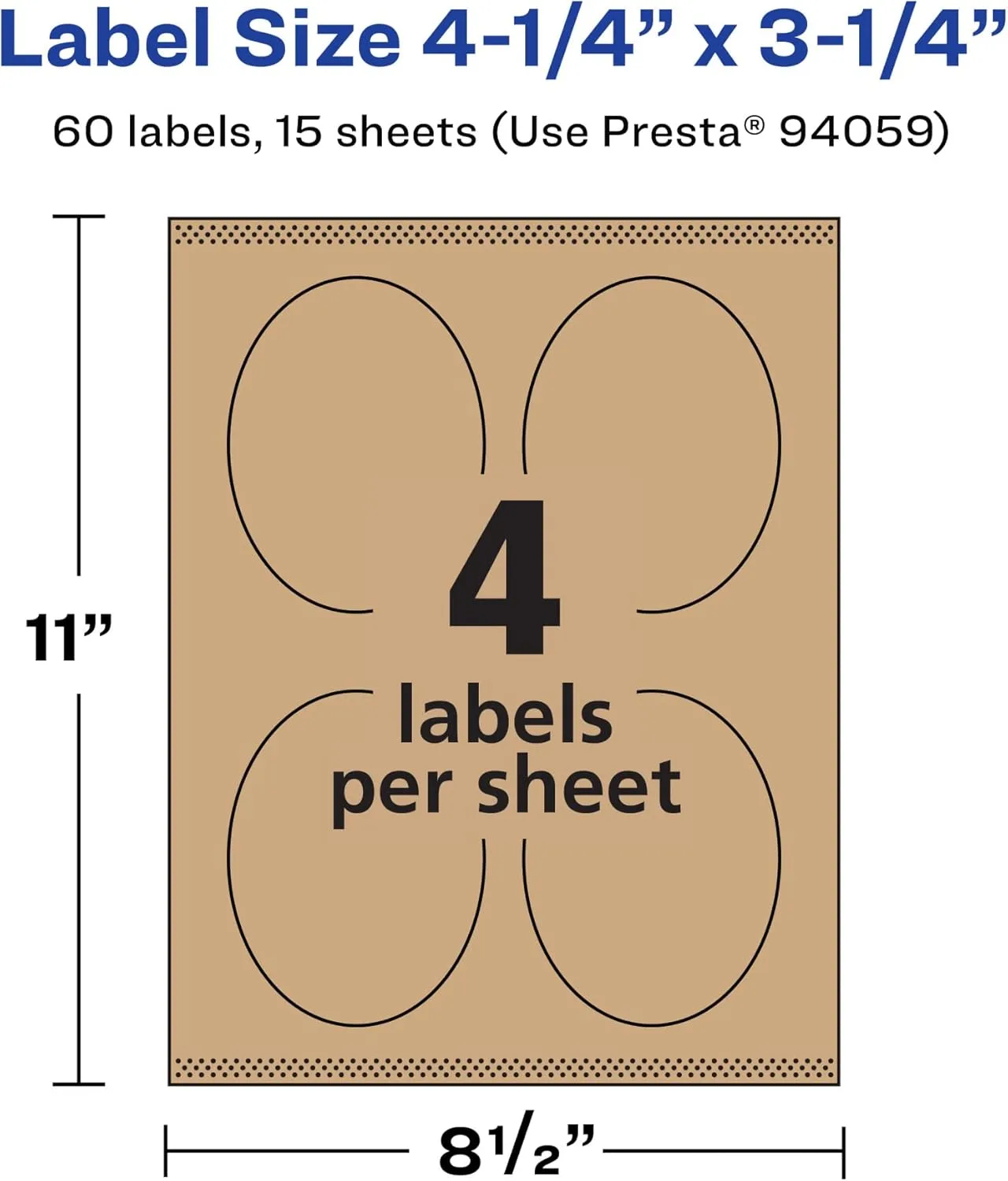 Avery Kraft Brown Oval Labels, Sure Feed Technology, 4.25" x 3.25", 60 Kraft Brown Labels, Print-to-The-Edge