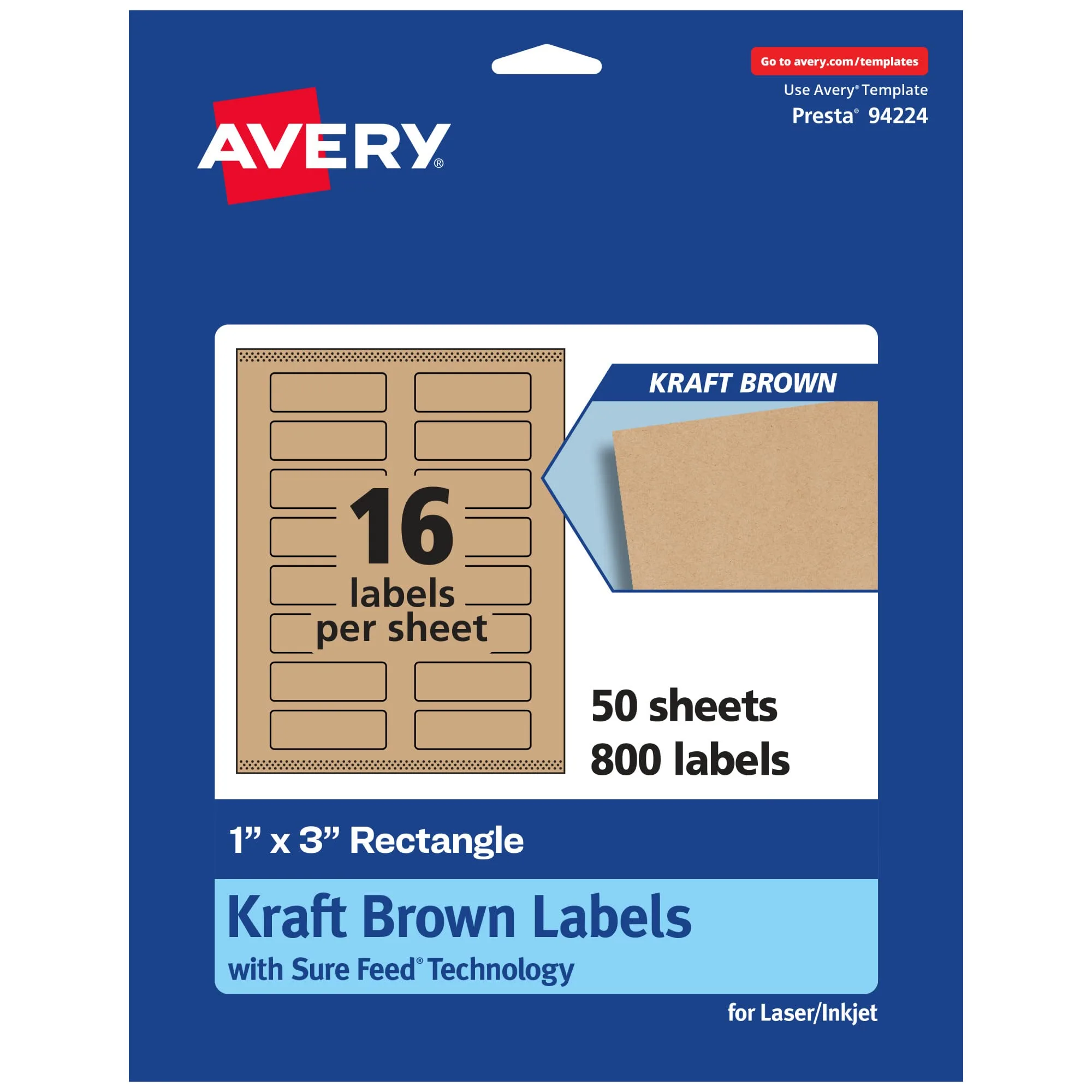 AVERY Kraft Brown Rectangle Labels, Sure Feed Technology, 1" x 3", Print-to-The-Edge, Laser/Inkjet Printable