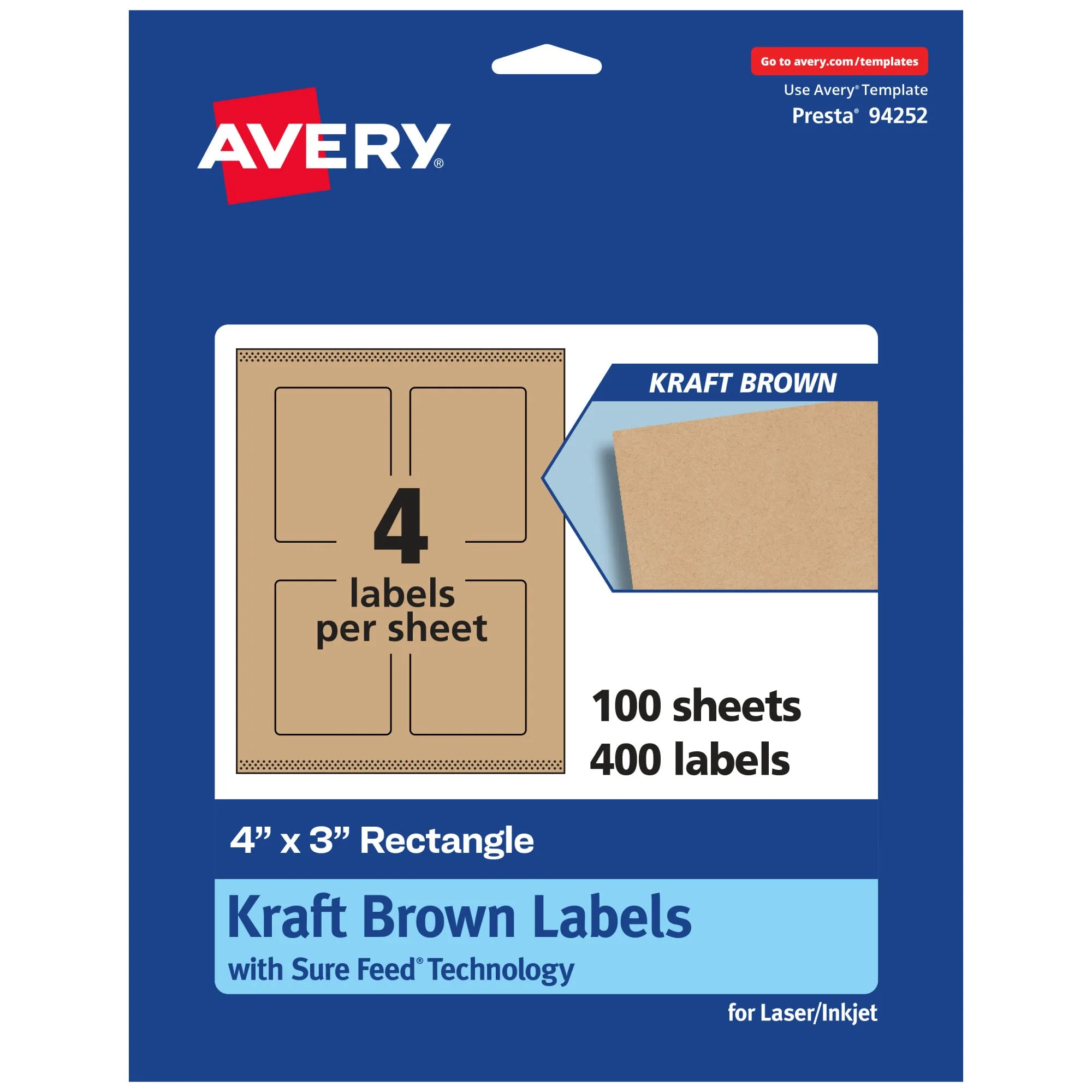 Avery Kraft Brown Rectangle Labels, Sure Feed Technology, 4" x 3", Print-to-The-Edge, Laser/Inkjet Printable