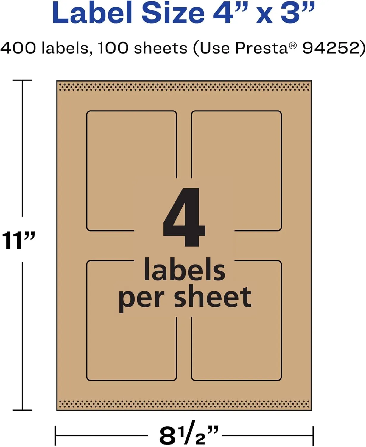 Avery Kraft Brown Rectangle Labels, Sure Feed Technology, 4" x 3", Print-to-The-Edge, Laser/Inkjet Printable
