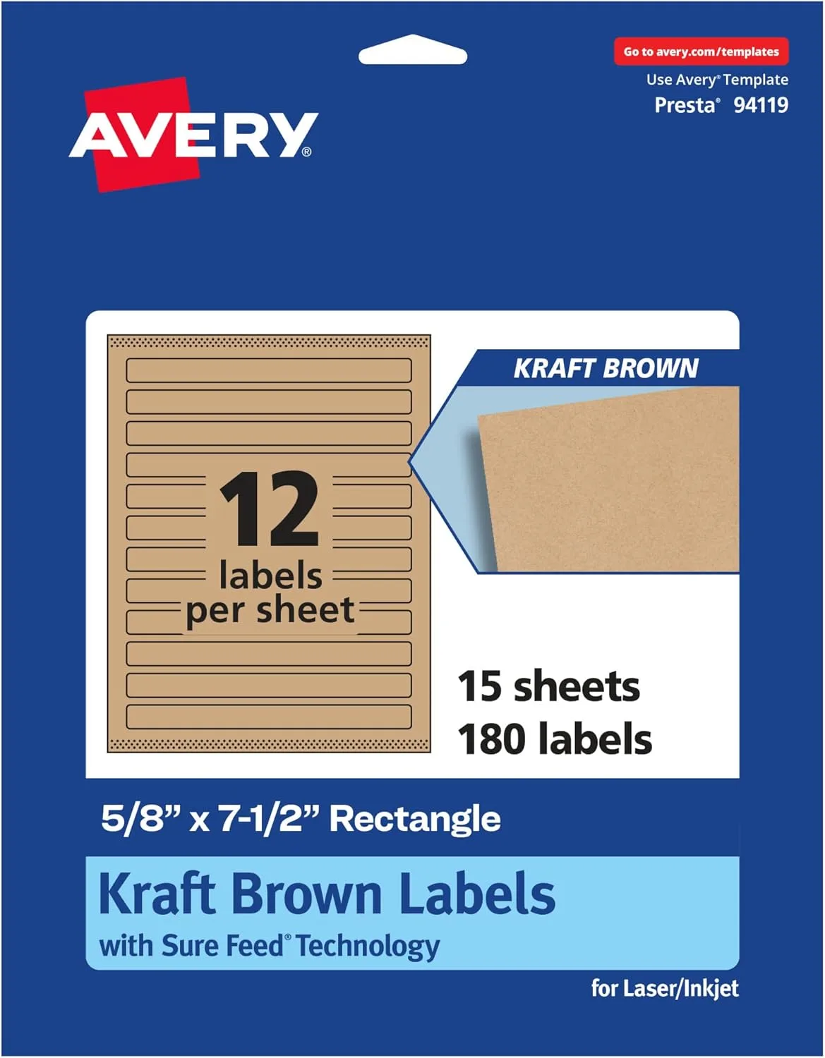 Avery Kraft Brown Rectangle Labels, Sure Feed Technology, 5/8" x 7-1/2", 180 Kraft Brown Labels, Print-to-The-Edge