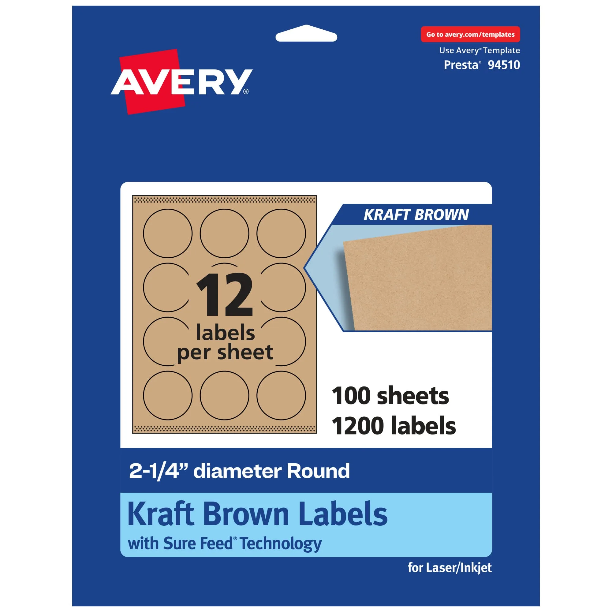 AVERY Kraft Brown Round Labels, Sure Feed Technology, 2.25" Diameter, Print-to-The-Edge, Laser/Inkjet Printable