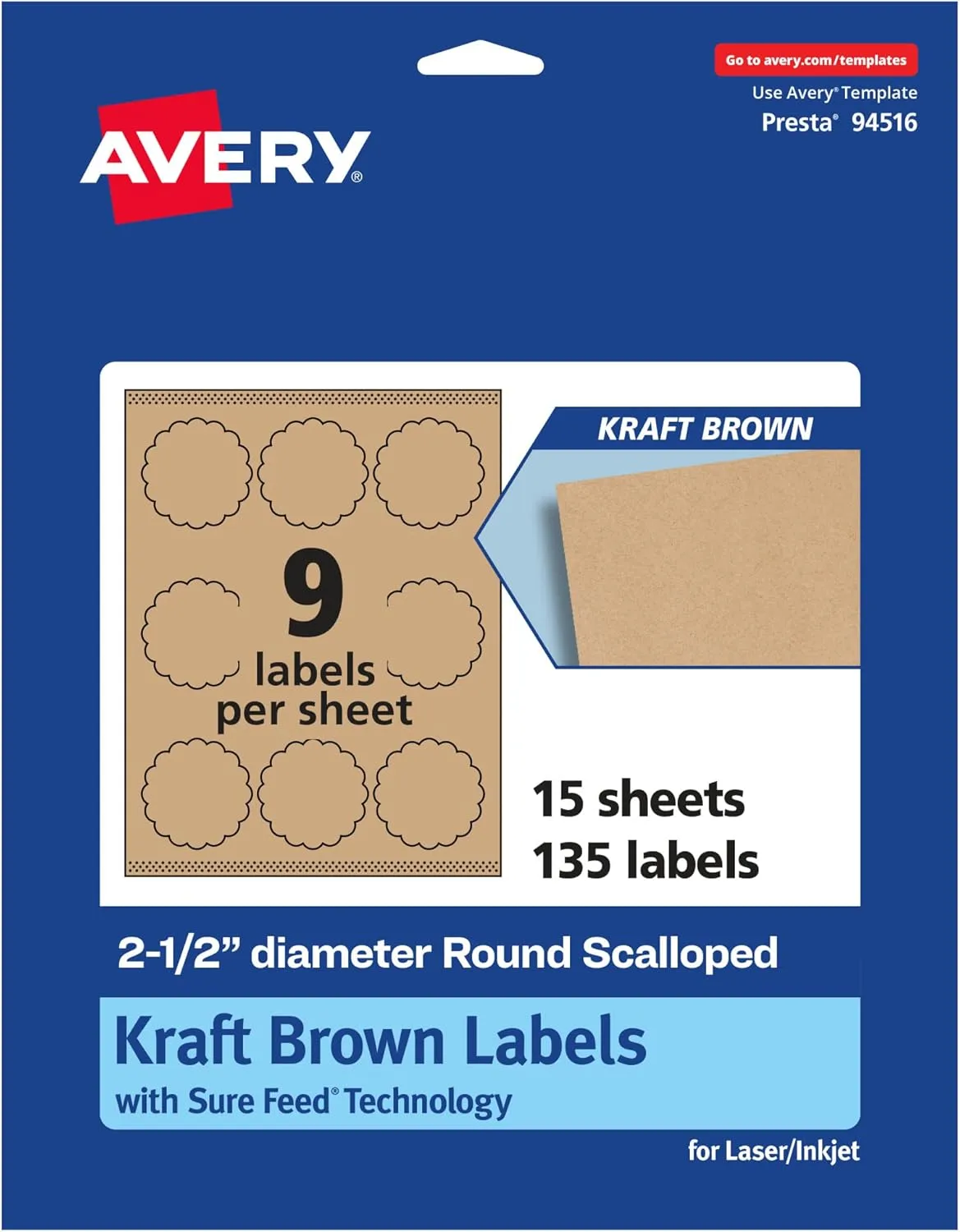 Avery Kraft Brown Round Scalloped Labels, Sure Feed Technology, 2.5" Diameter, 135 Kraft Brown Labels, Print-to-The-Edge