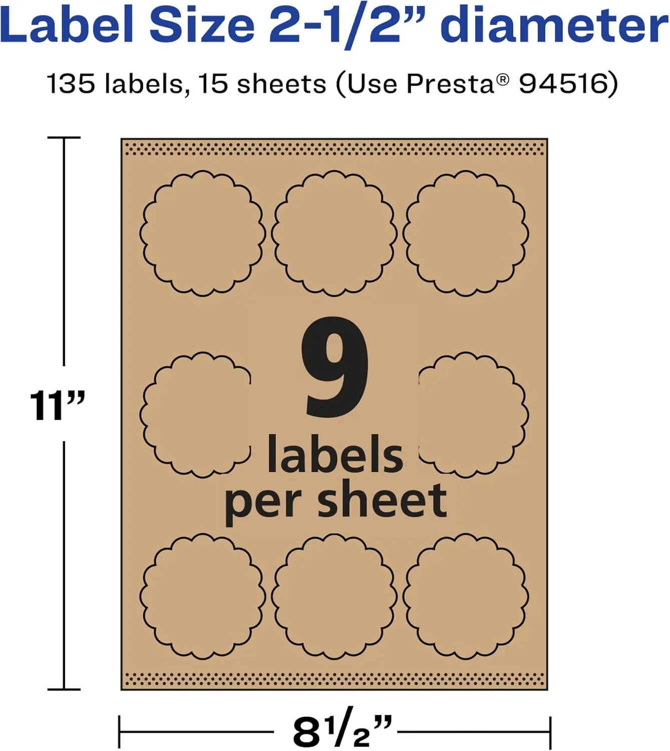 Avery Kraft Brown Round Scalloped Labels, Sure Feed Technology, 2.5" Diameter, 135 Kraft Brown Labels, Print-to-The-Edge