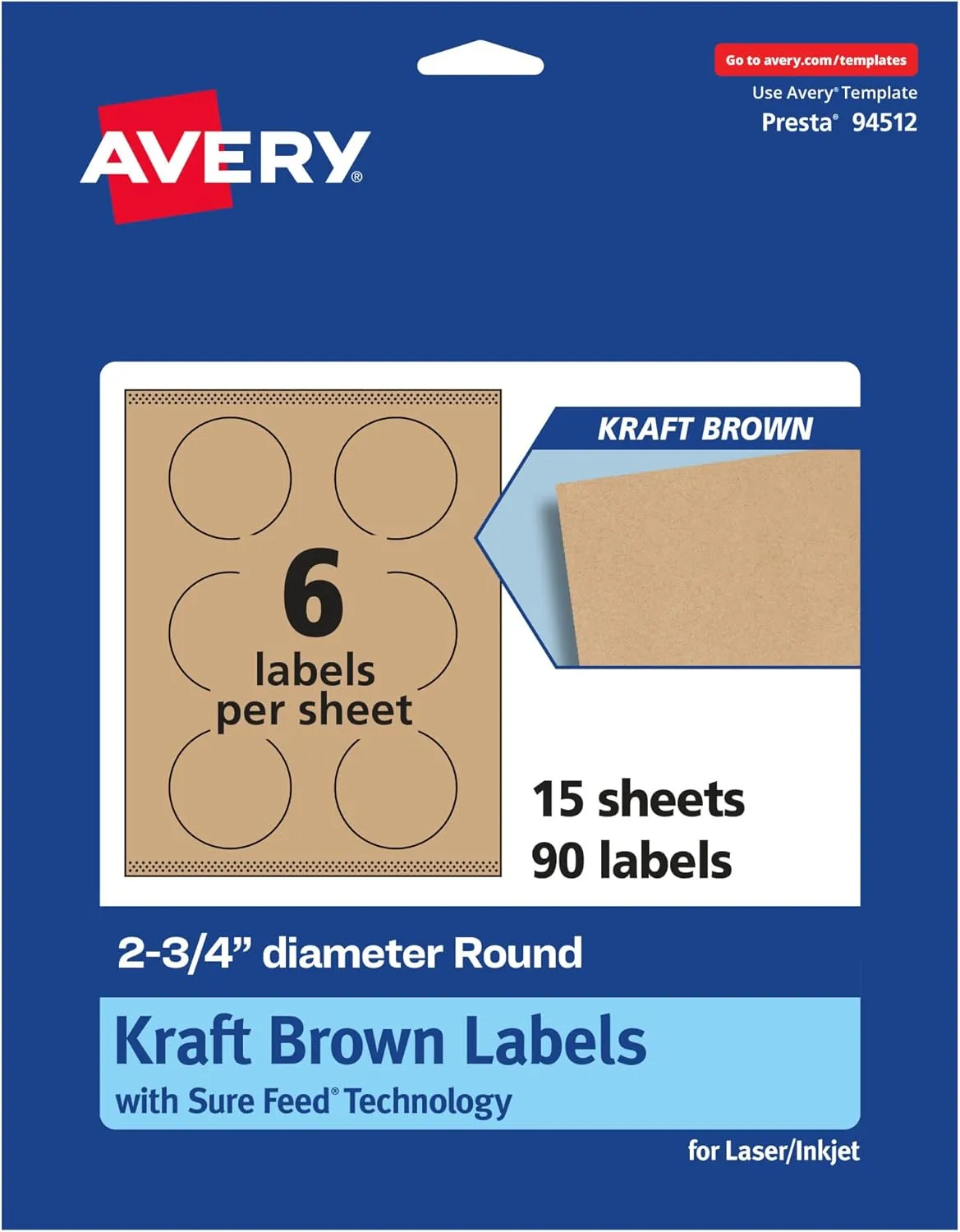 Avery Kraft Brown Round Labels, Sure Feed Technology, 2.75" Diameter, 90 Kraft Brown Labels, Print-to-The-Edge