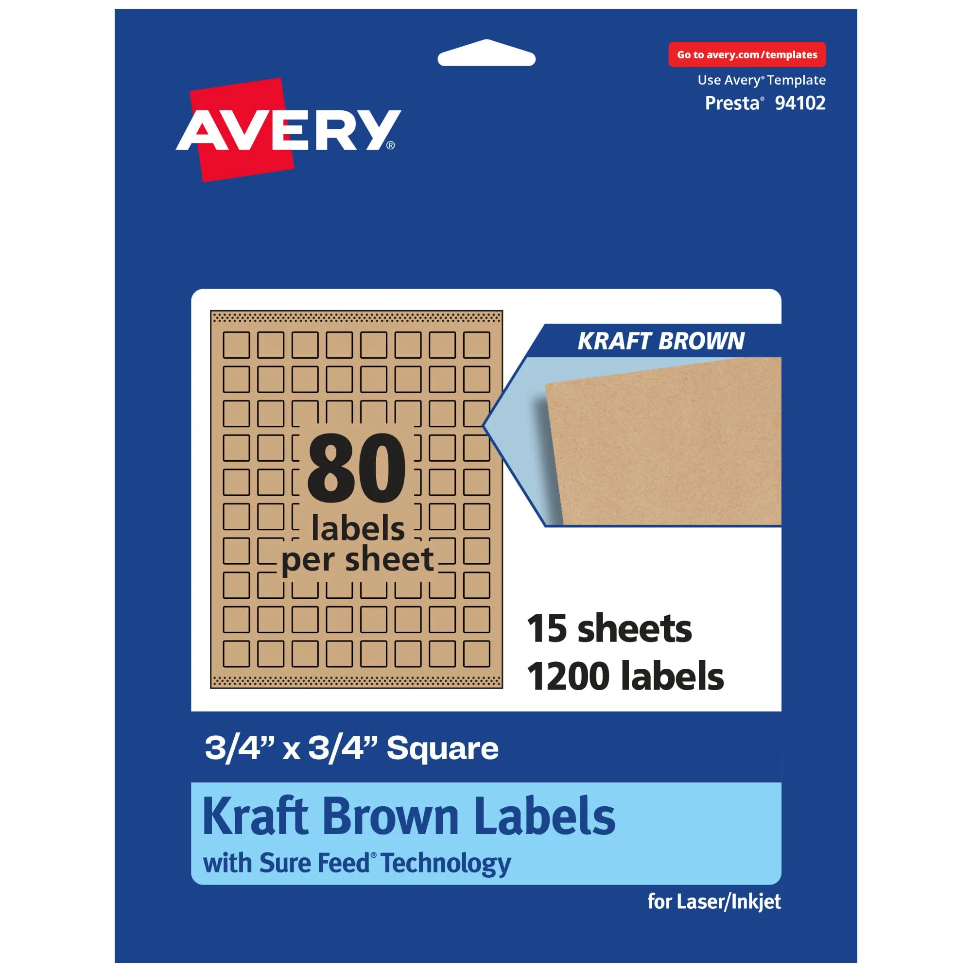 AVERY Kraft Brown Square Labels, Sure Feed Technology, 3/4" x 3/4", Print-to-The-Edge, Laser/Inkjet Printable