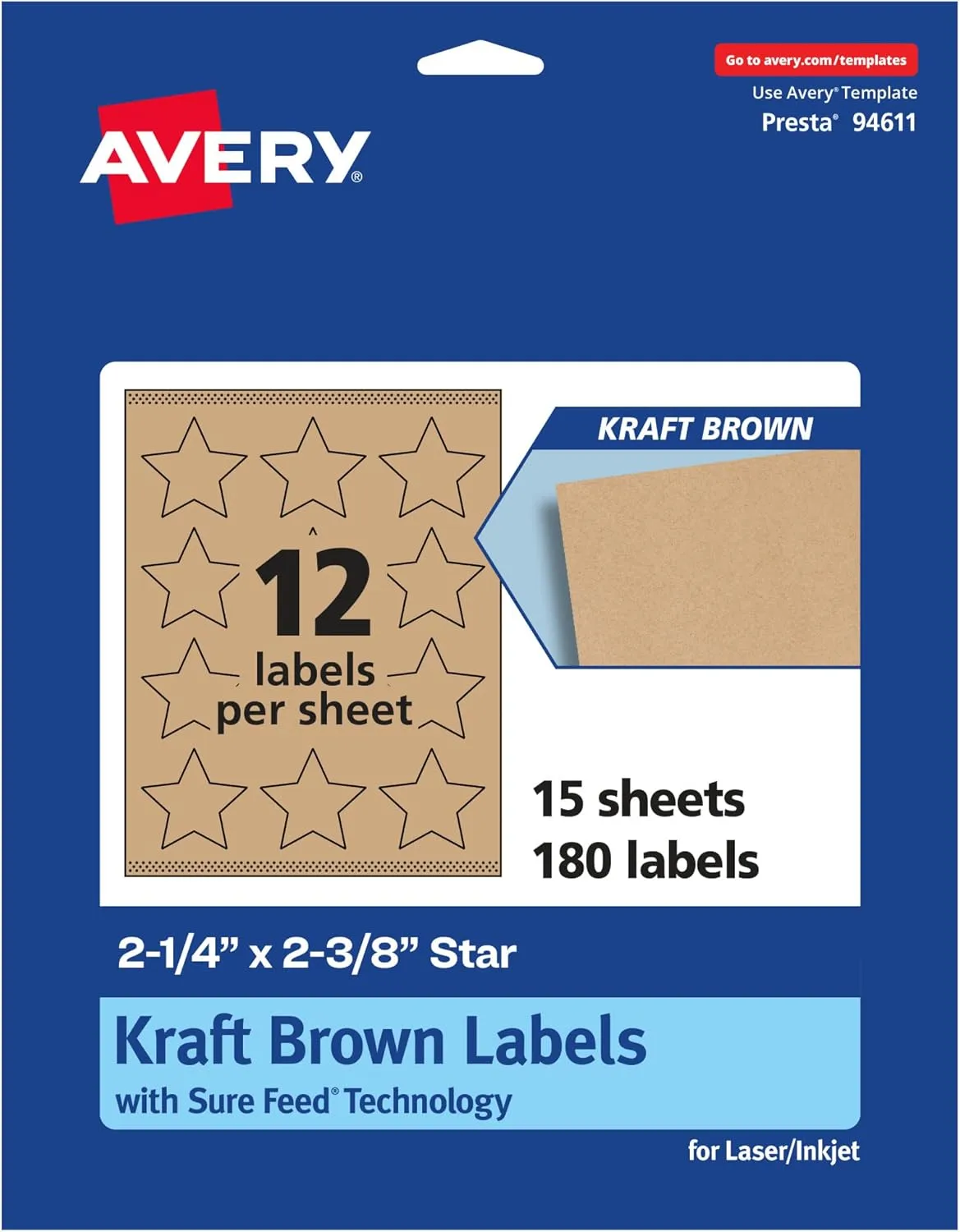 Avery Kraft Brown Star Labels, Sure Feed Technology, 2-1/4" x 2-3/8", Print-to-The-Edge, Laser/Inkjet Printable