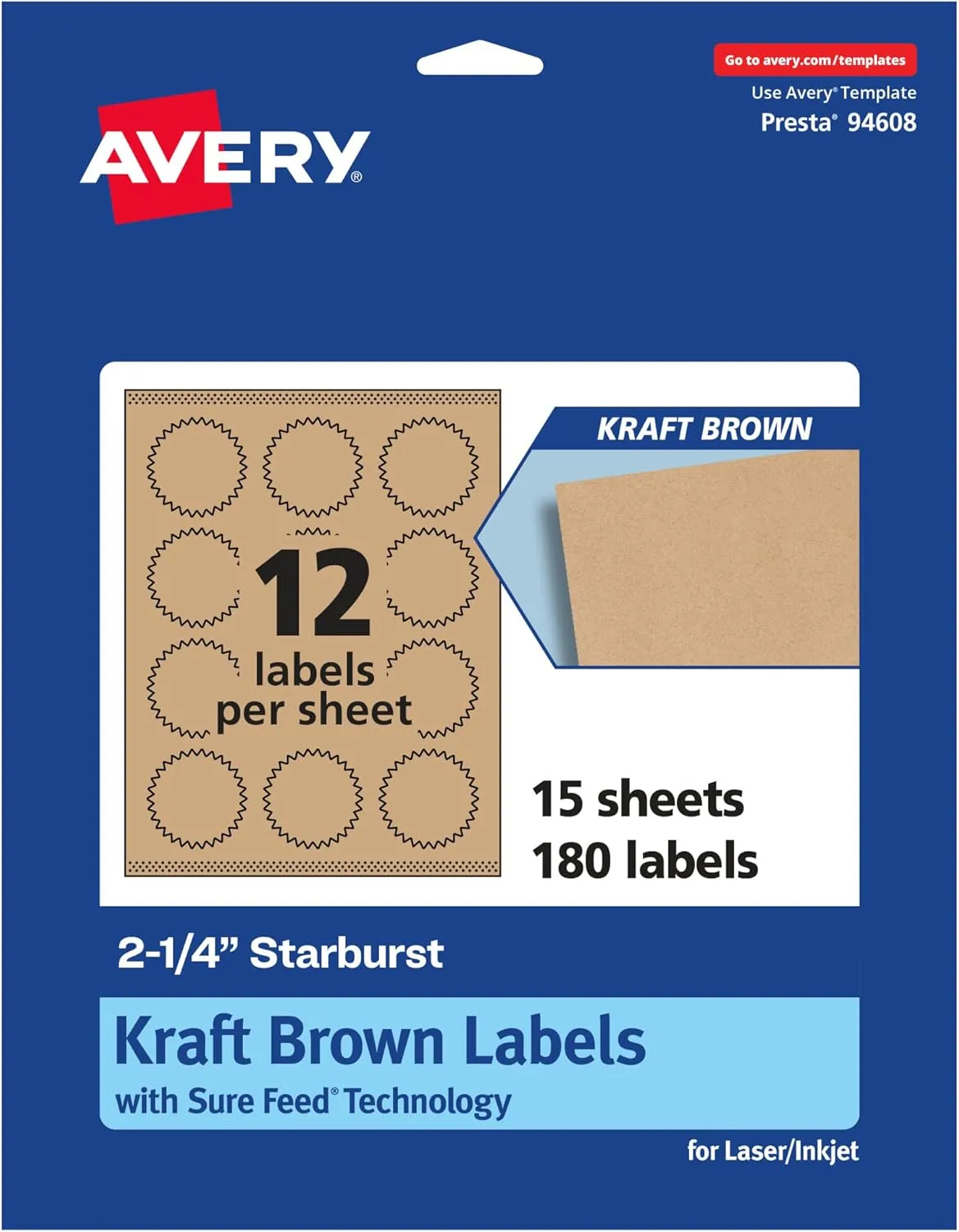 Avery Kraft Brown Starburst Labels, Sure Feed Technology, 2.25" Print-to-The-Edge, Laser/Inkjet Printable