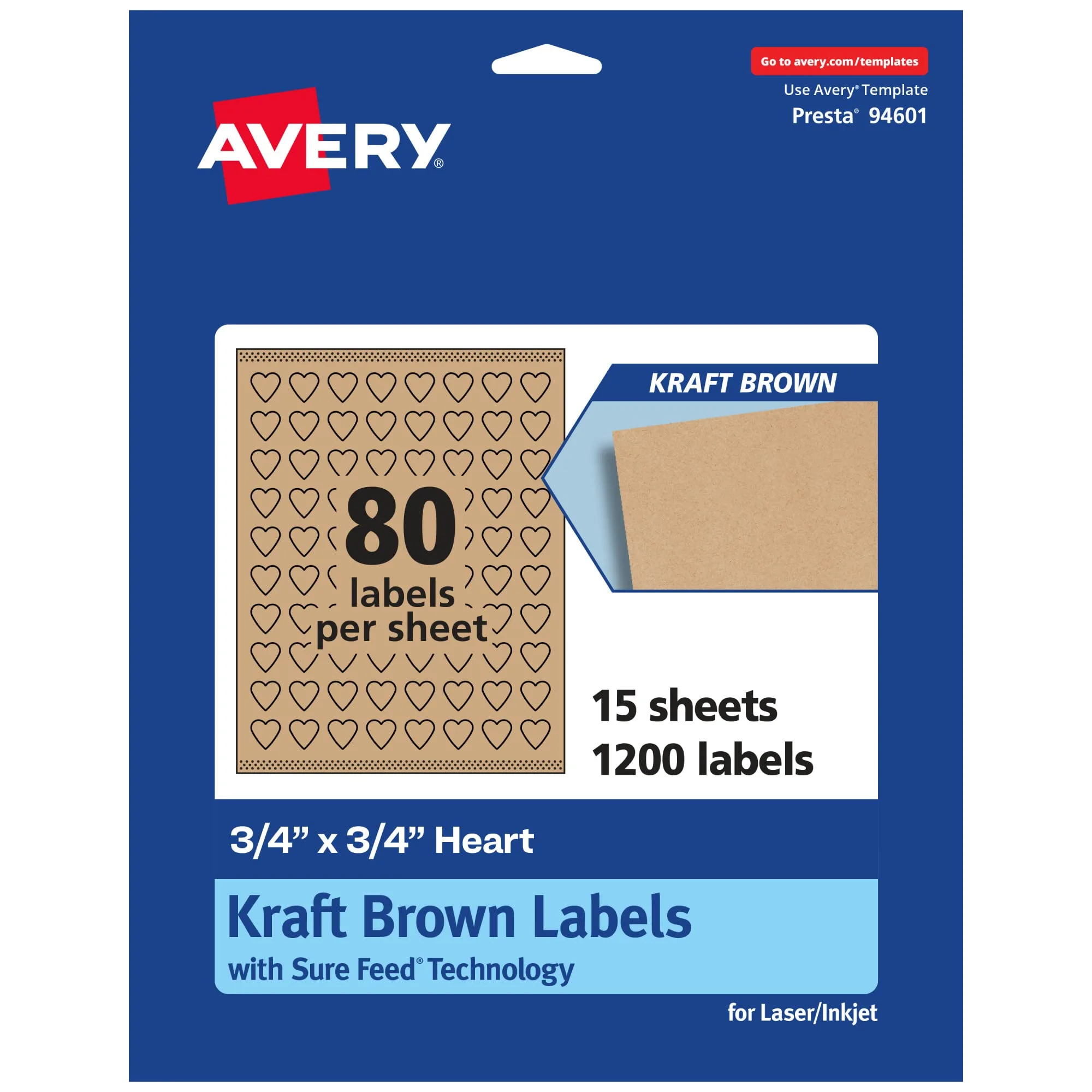 Avery Kraft Brown Heart Labels, Sure Feed Technology, 0.75" x 0.75", 1,200 Kraft Brown Labels, Print-to-The-Edge