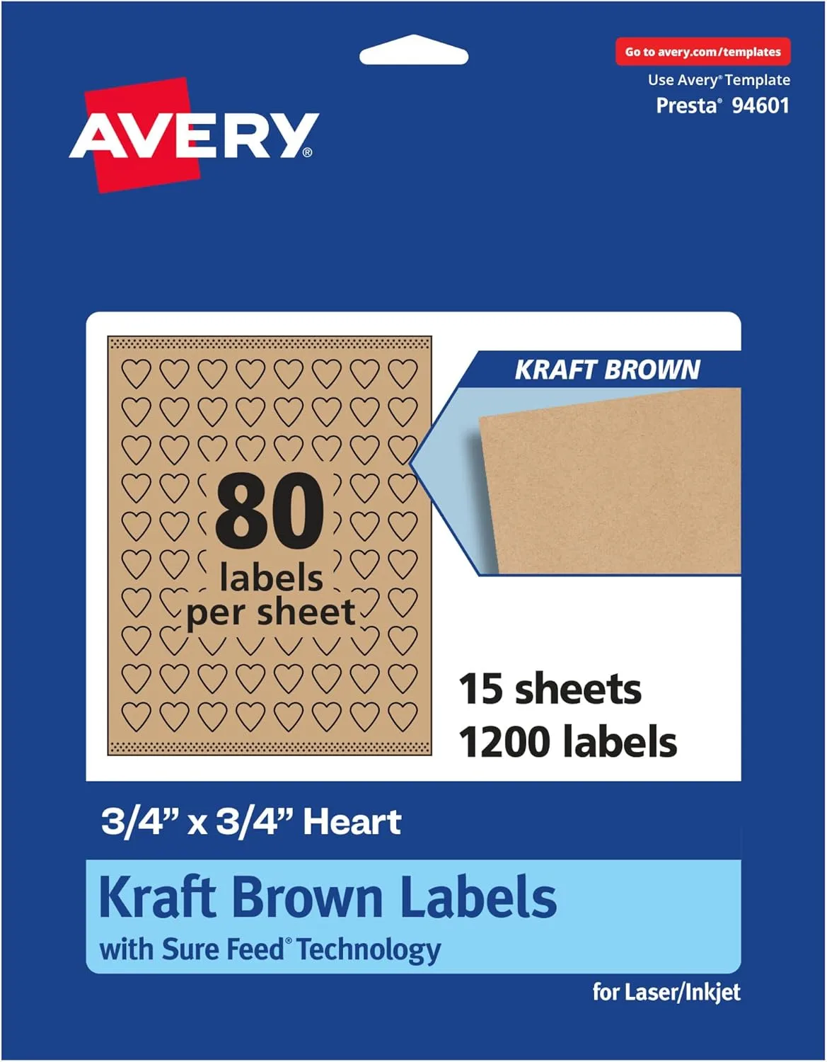 Avery Kraft Brown Heart Labels, Sure Feed Technology, 0.75" x 0.75", 1,200 Kraft Brown Labels, Print-to-The-Edge