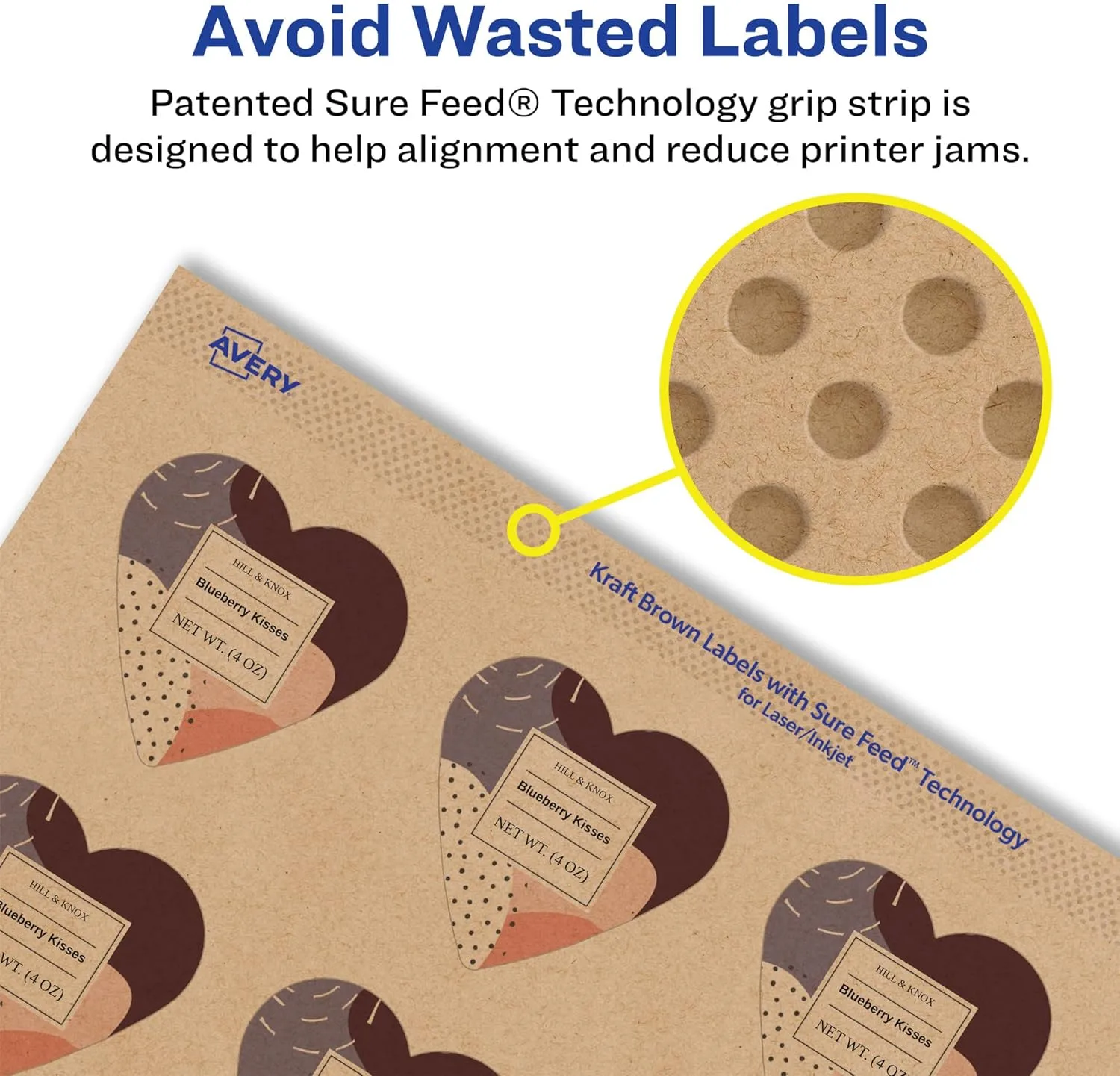 Avery Kraft Brown Heart Labels, Sure Feed Technology, 1.5" x 1.5", 300 Kraft Brown Labels, Print-to-The-Edge