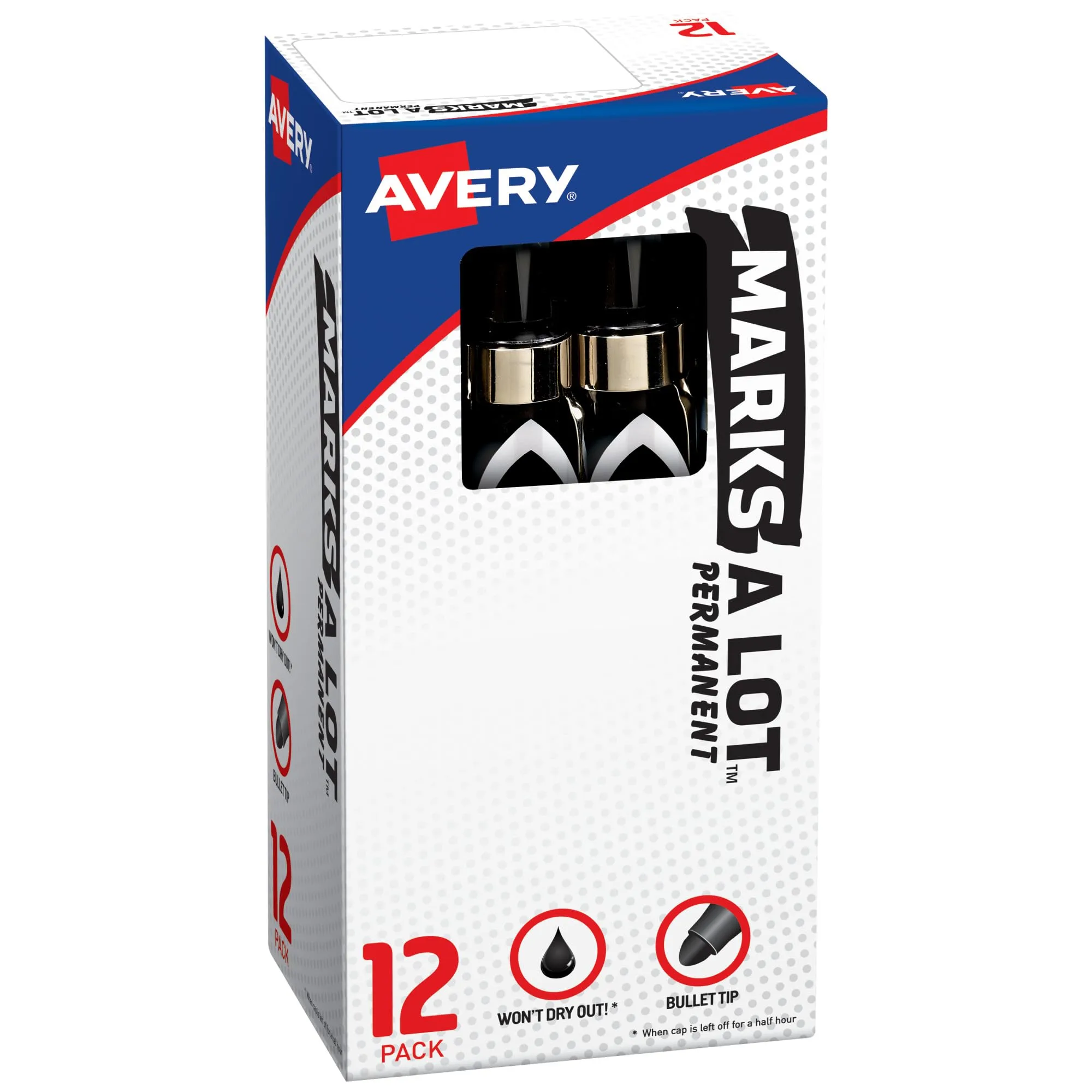 Avery Marks-A-Lot Permanent Markers, Large Desk-Style Size, Bullet Tip, Water and Wear Resistant, 12 Black Markers (24878)