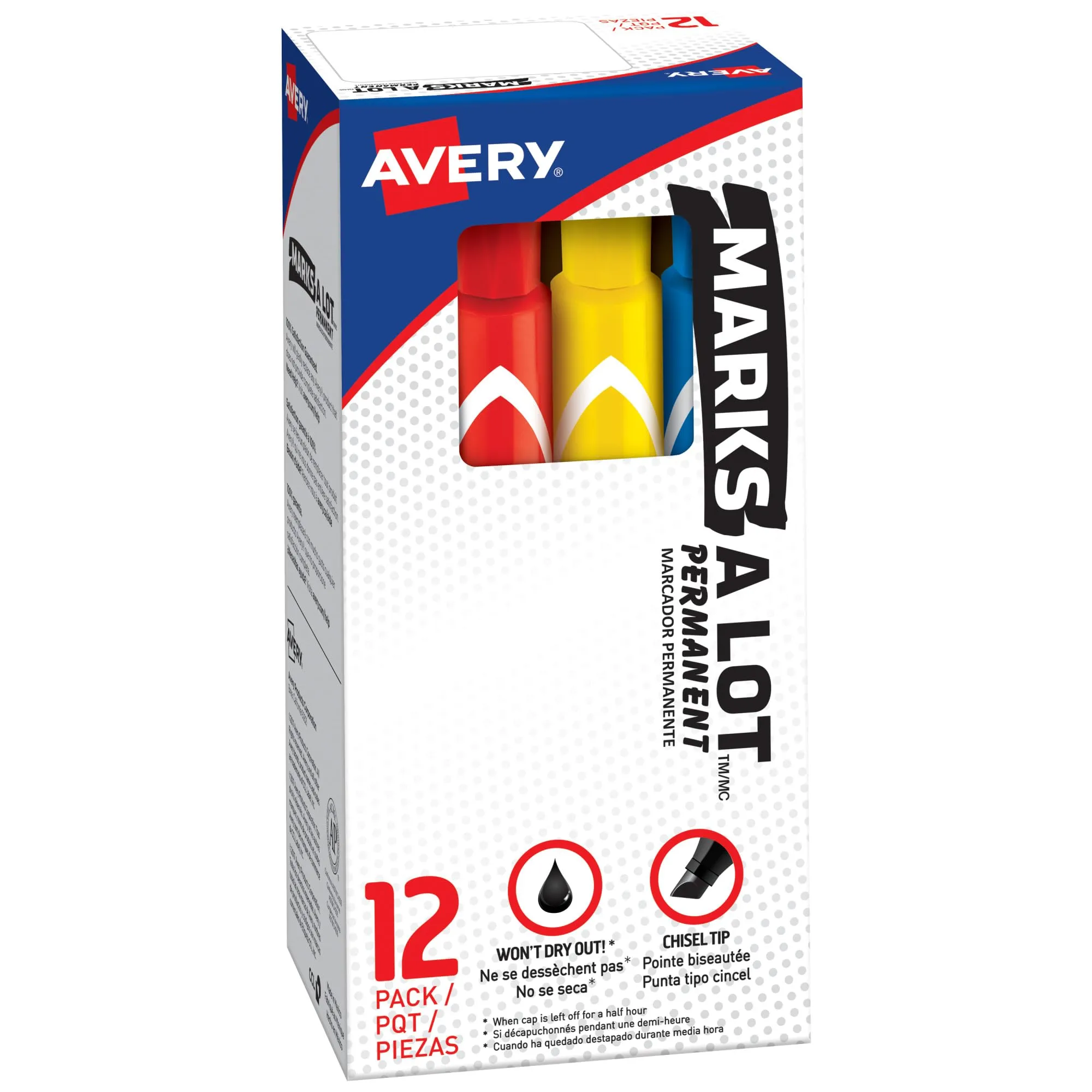 Avery Marks-A-Lot Permanent Markers, Large Desk-Style, Chisel Tip, 12 Assorted (24800)