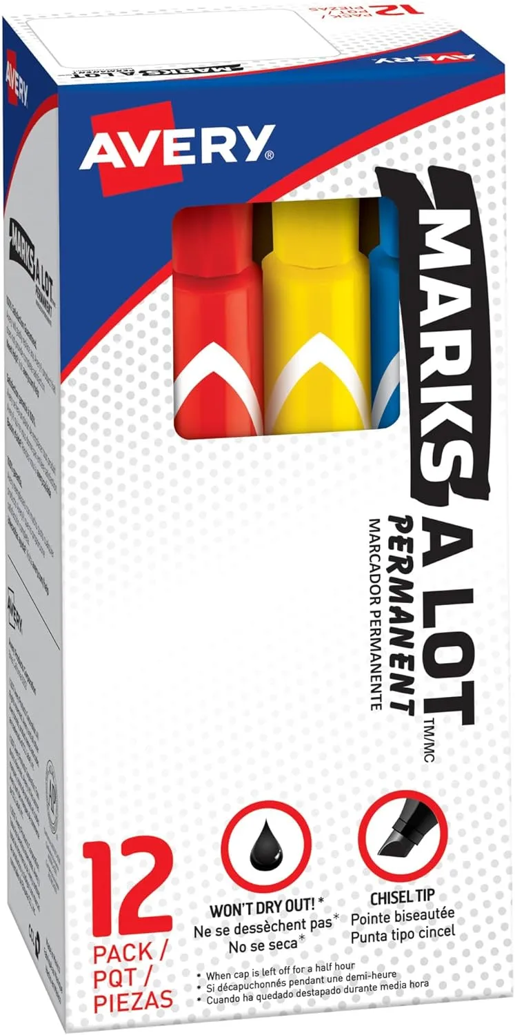Avery Marks-A-Lot Permanent Markers, Large Desk-Style, Chisel Tip, 12 Assorted (24800)
