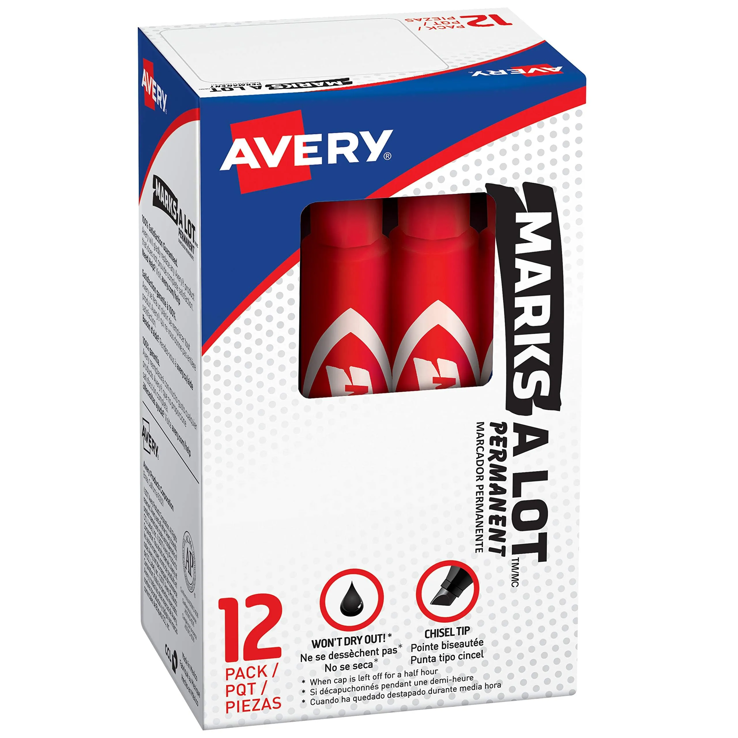 Avery Marks-A-Lot Permanent Chisel Tip Markers, Red, Pack of 12 (07887)