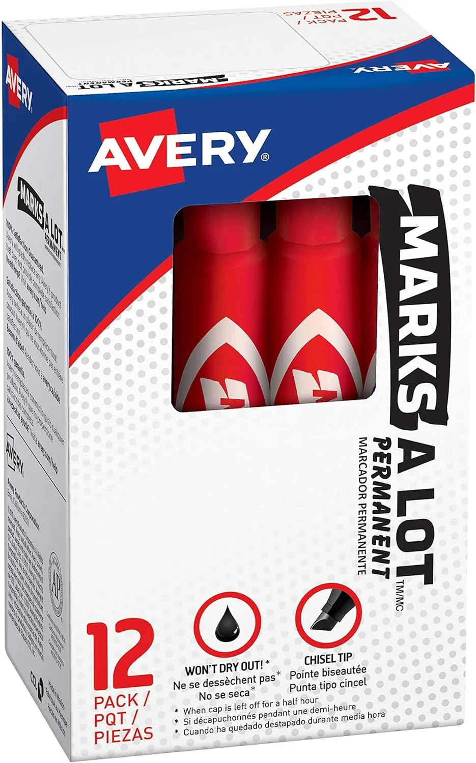 Avery Marks-A-Lot Permanent Chisel Tip Markers, Red, Pack of 12 (07887)