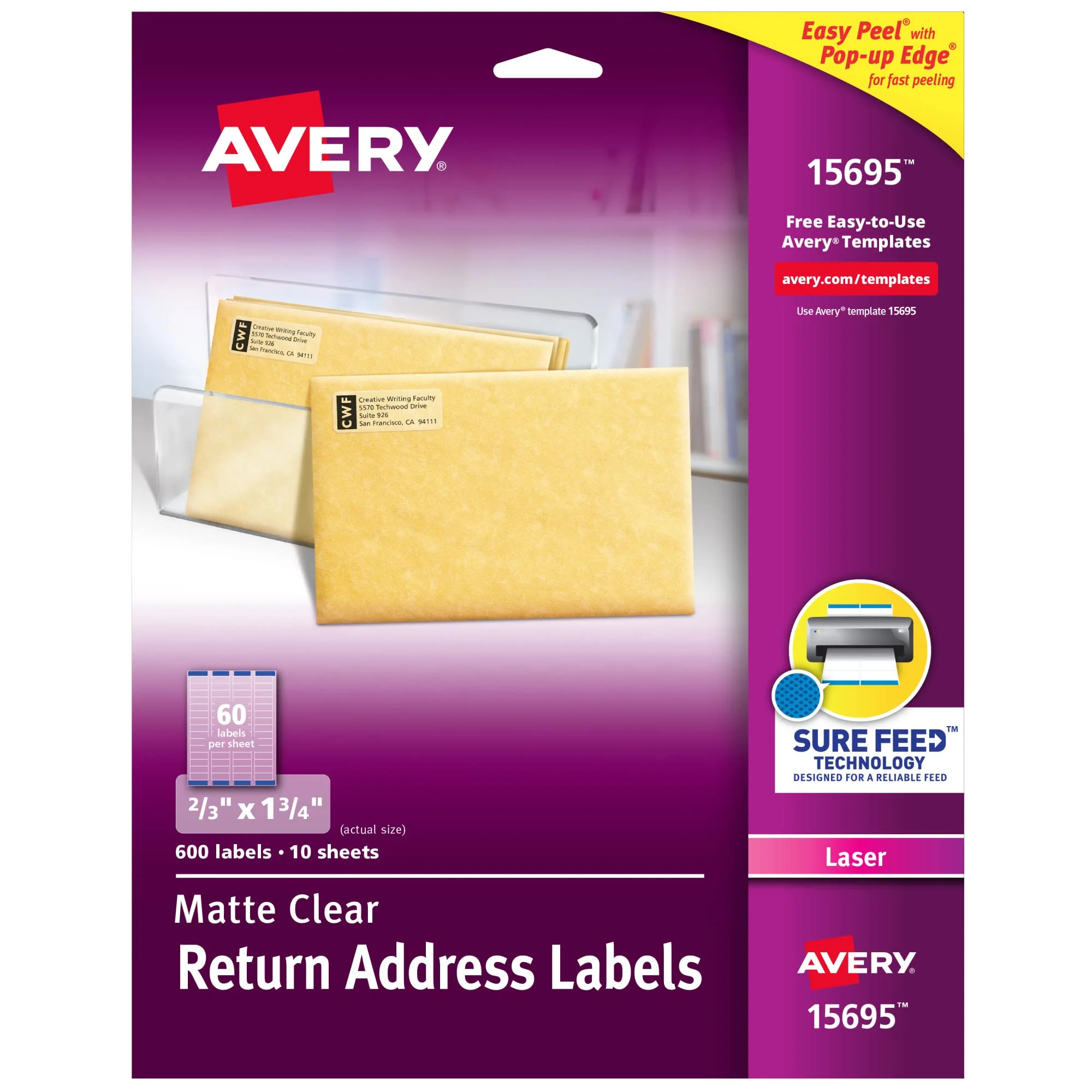 Avery Printable Return Address Labels with Sure Feed, 2/3" x 1-3/4", Matte Clear, 600 Blank Mailing Labels (15695)