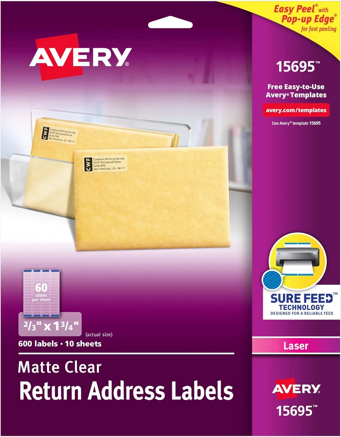 Avery Printable Return Address Labels with Sure Feed, 2/3" x 1-3/4", Matte Clear, 600 Blank Mailing Labels (15695)