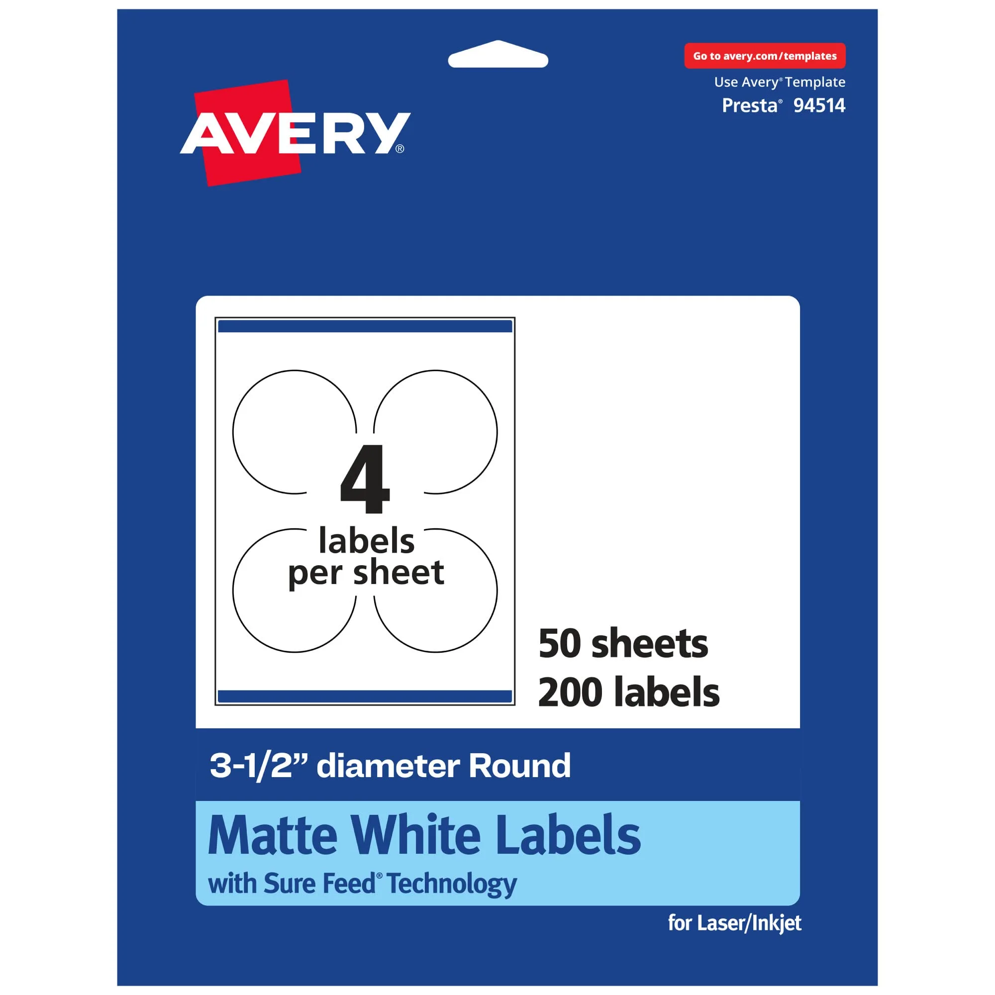 AVERY Matte White Round Labels, Sure Feed Technology, 3.5" Diameter