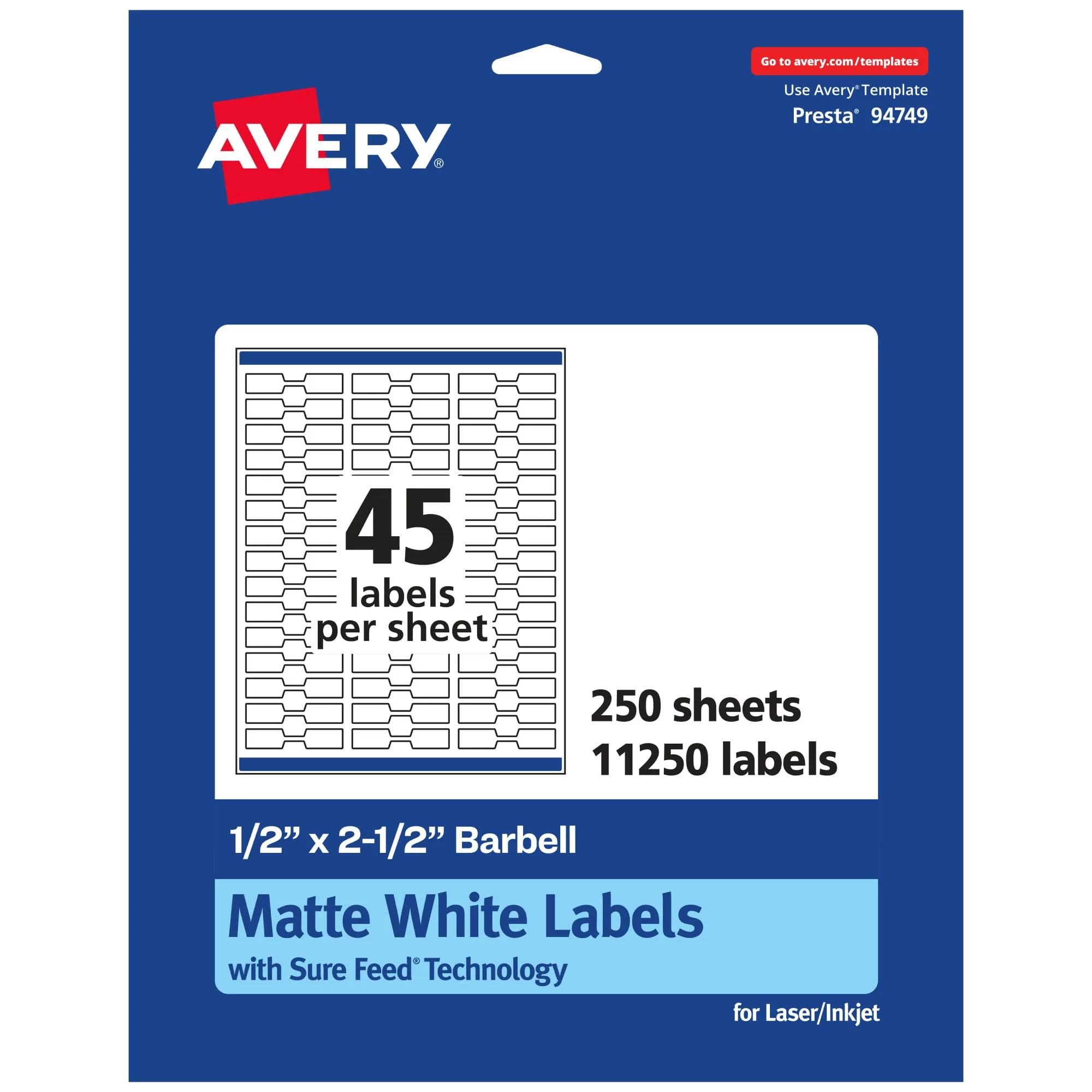 AVERY Matte White Barbell Labels, Sure Feed Technology, 0.5" x 2.5"