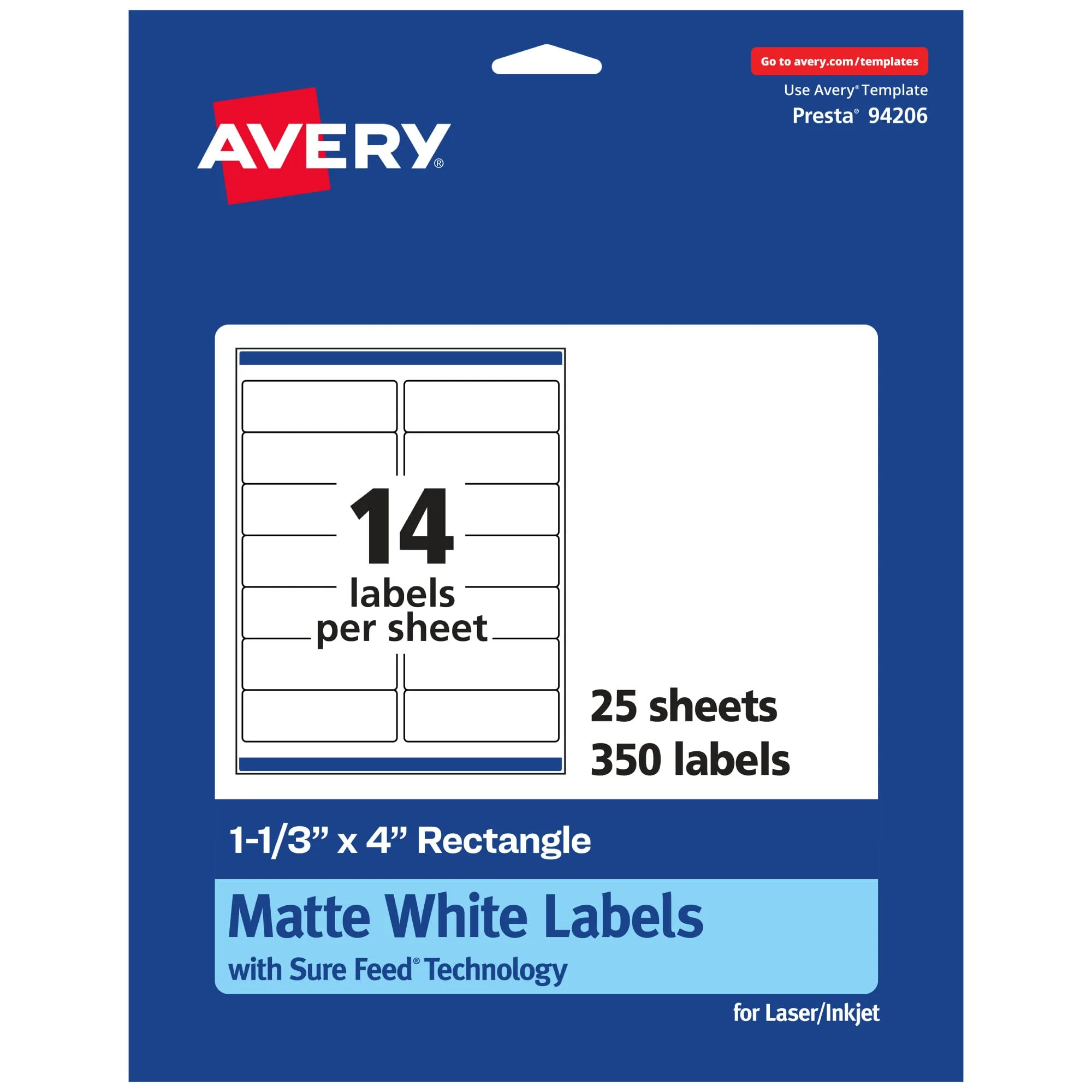 Avery Matte White Rectangle Labels, Sure Feed Technology, 1-1/3" x 4", Permanent Adhesive, Laser/Inkjet Printable