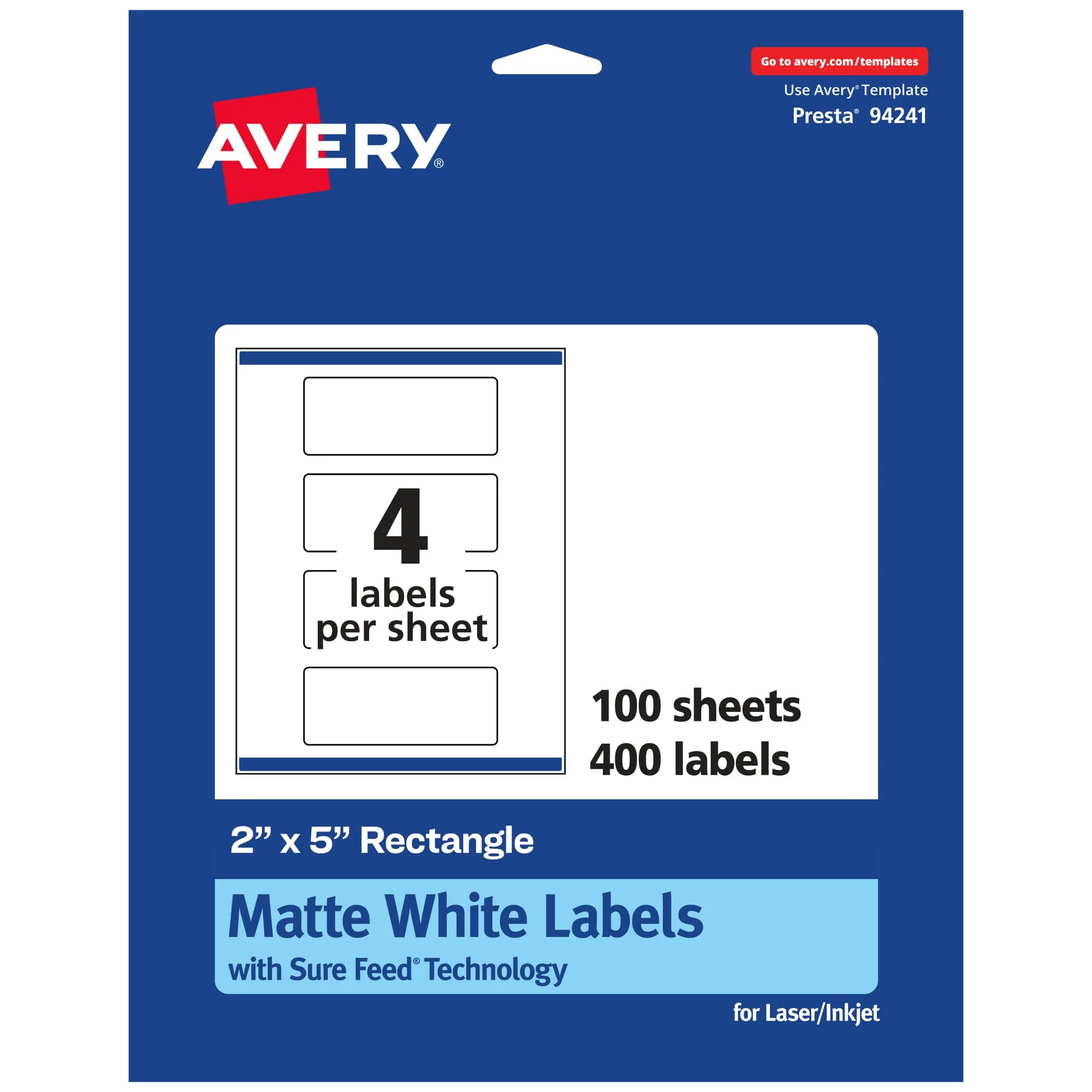 Avery Matte White Rectangle Labels with Sure Feed, Permanent Adhesive, 2in x 5in