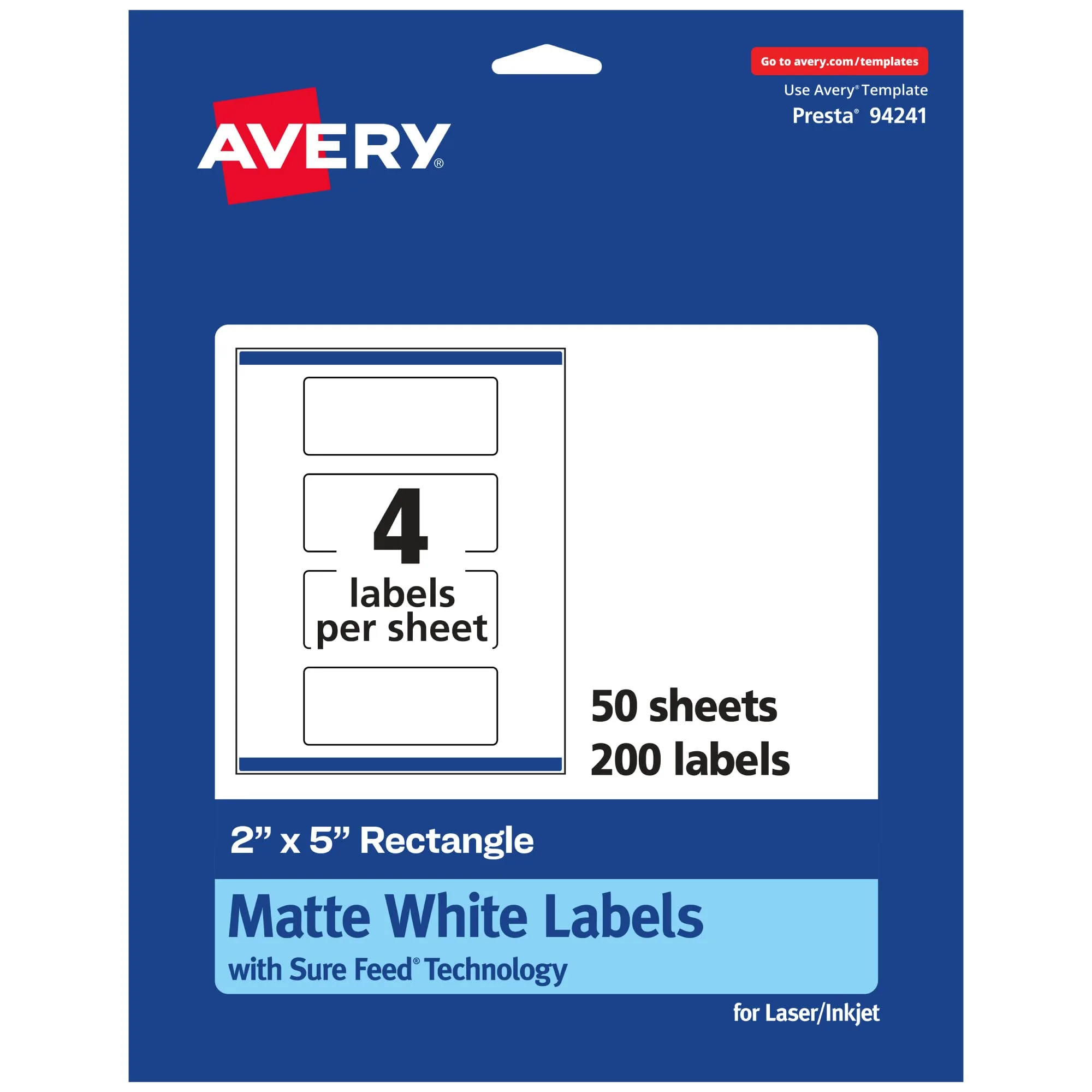Avery Matte White Rectangle Labels with Sure Feed, Permanent Adhesive, 2in x 5in