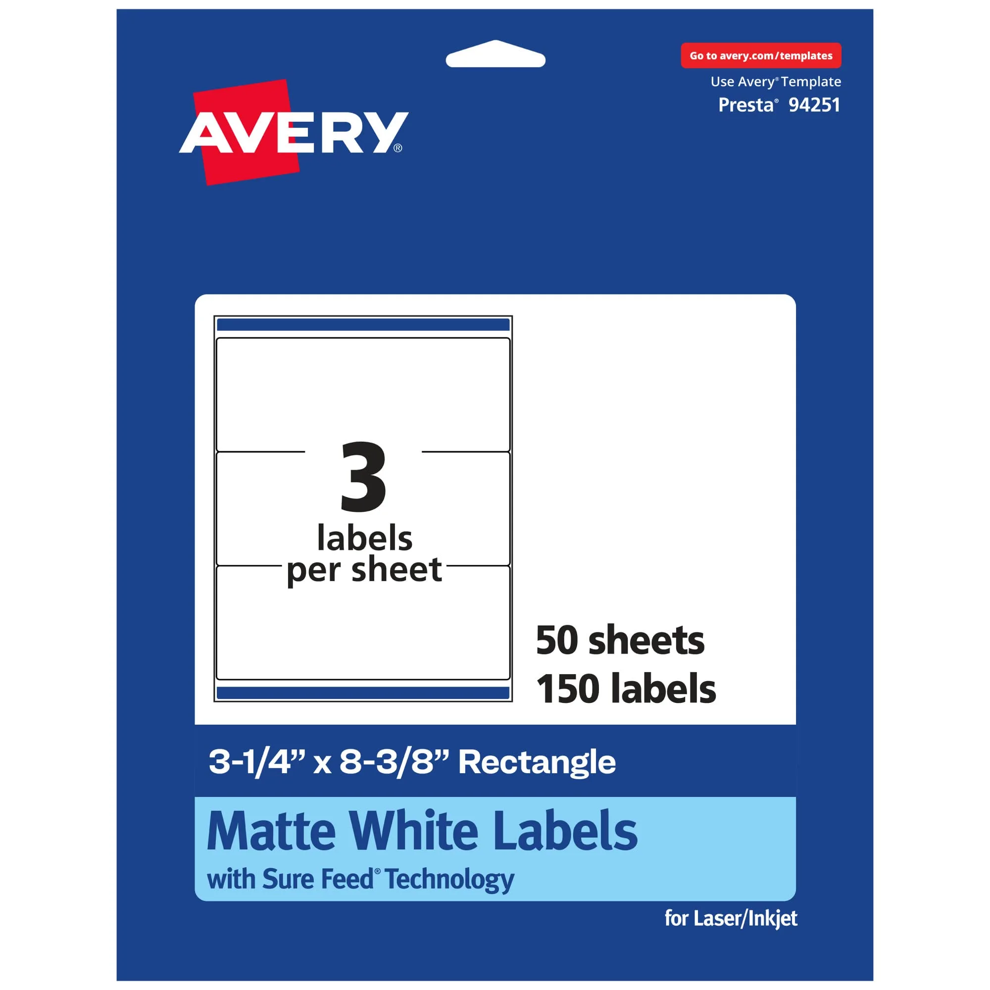 AVERY Matte White Rectangle Labels, Sure Feed Technology, 3-1/4" x 8-3/8"