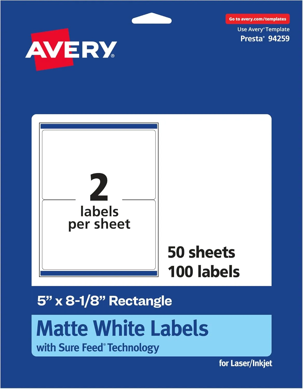 Avery Matte White Rectangle Labels, Sure Feed Technology, 5" x 8-1/8"